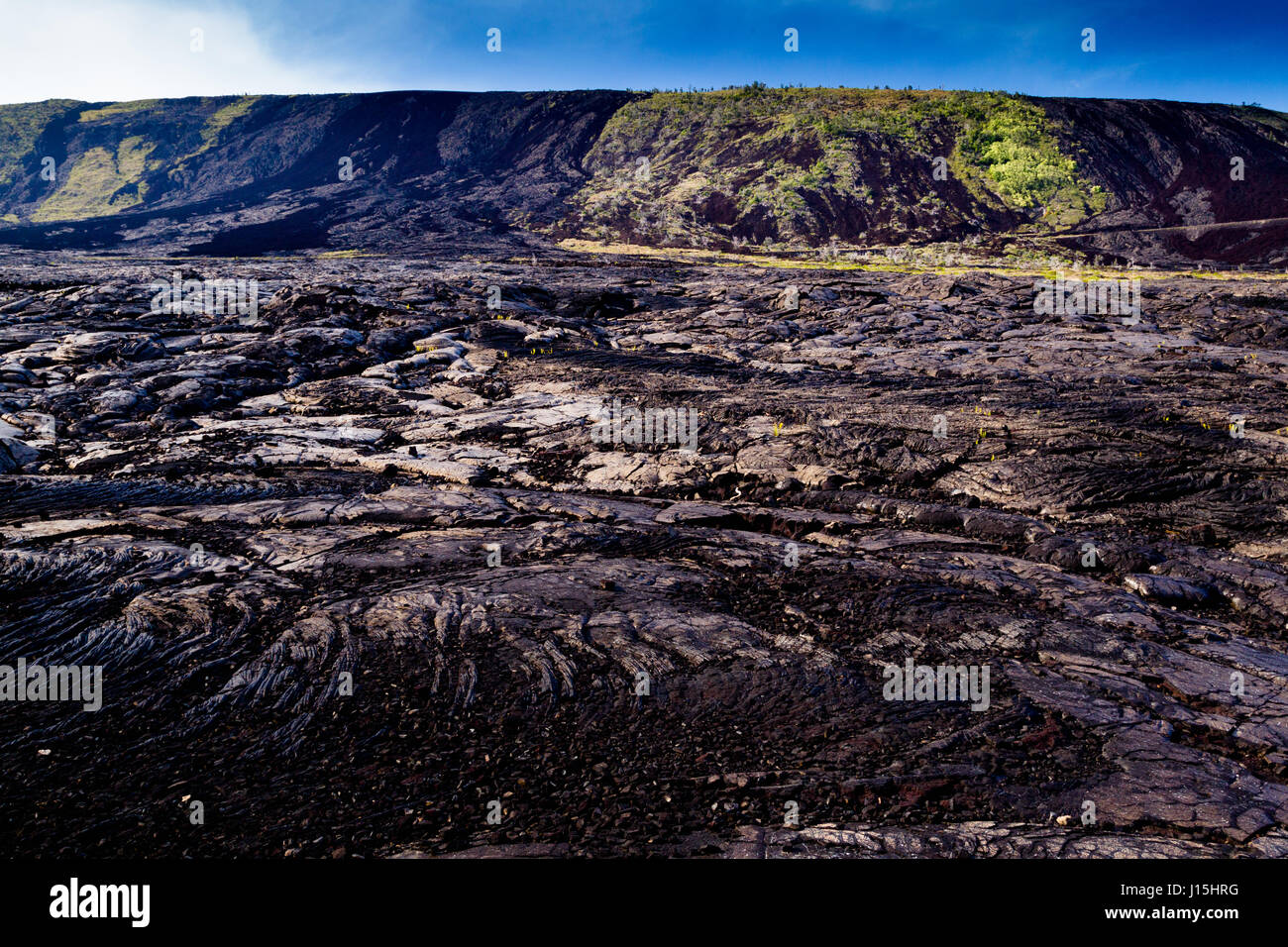 Volcanic Landscape with solidified lava flows in the Hawaii Volcanoes National Park on Big Island, Hawaii, USA. Stock Photo