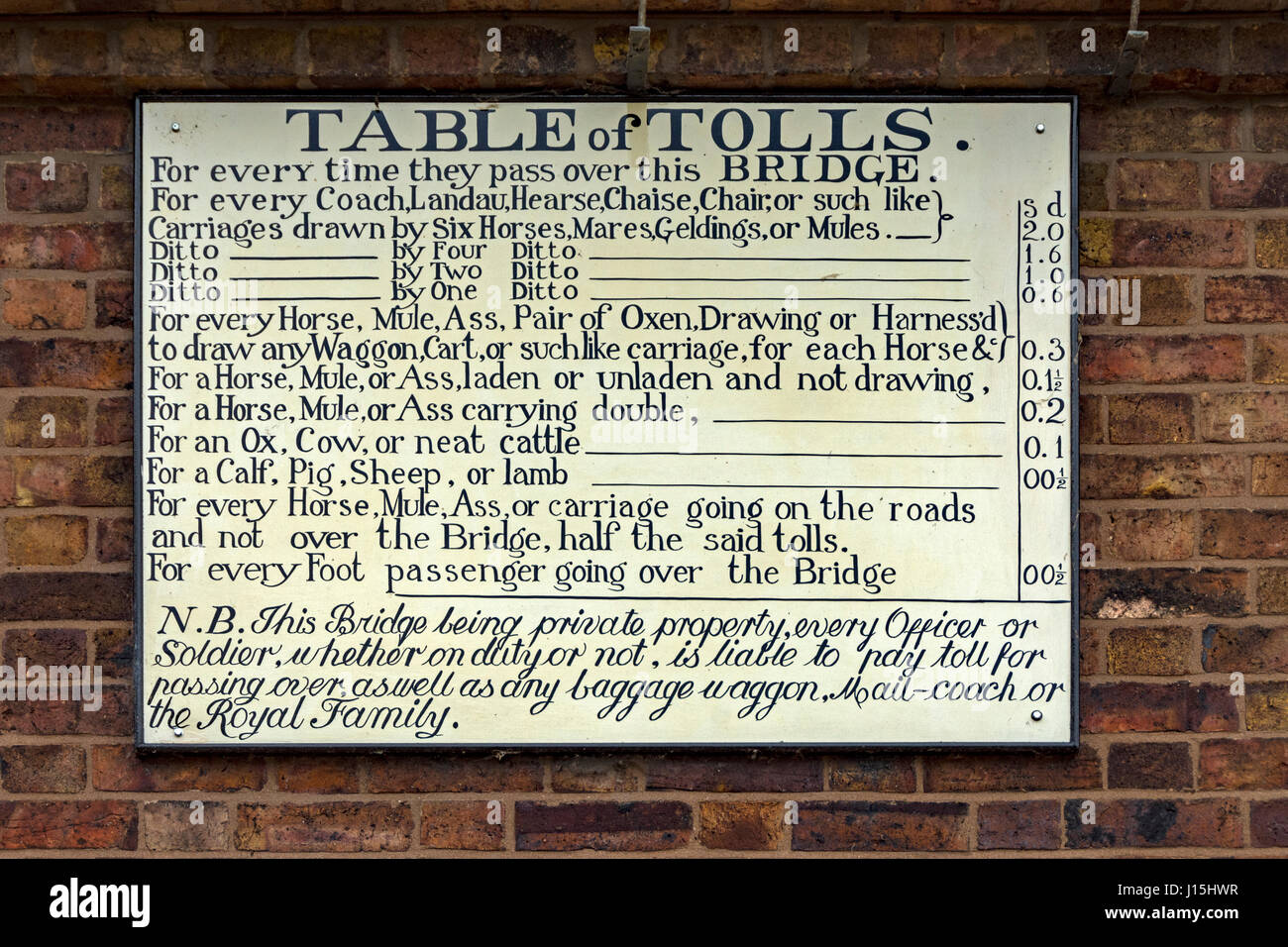 Sign showing a list of tolls for the Iron Bridge, opened 1781, Ironbridge Gorge, Shropshire, England, UK. Stock Photo