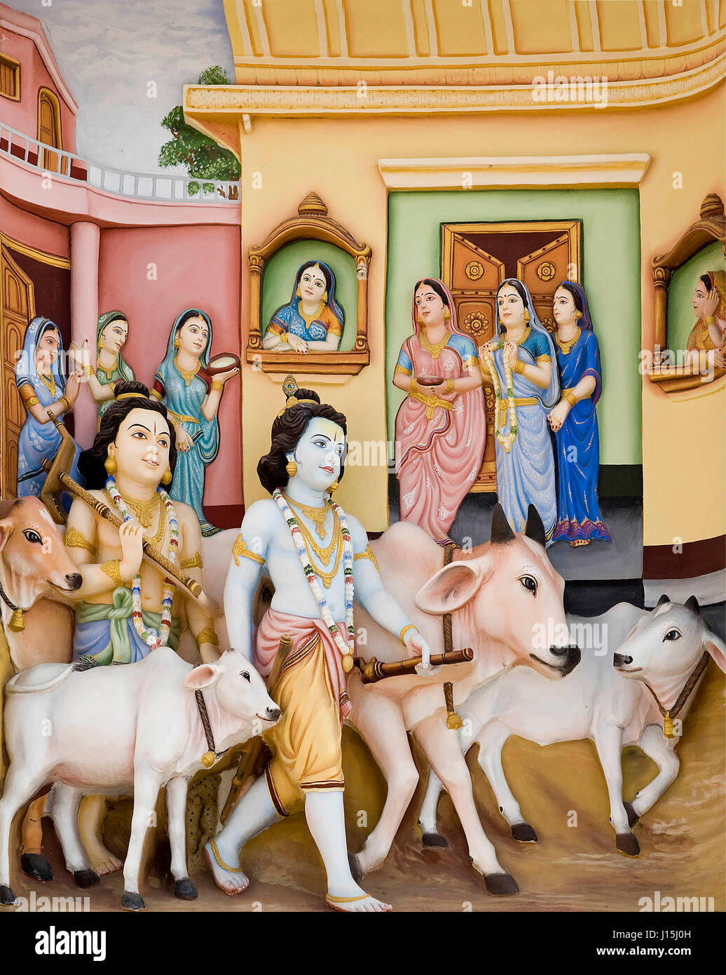 Krishna with cows painting on wall, Uttar Pradesh, India, Asia Stock Photo