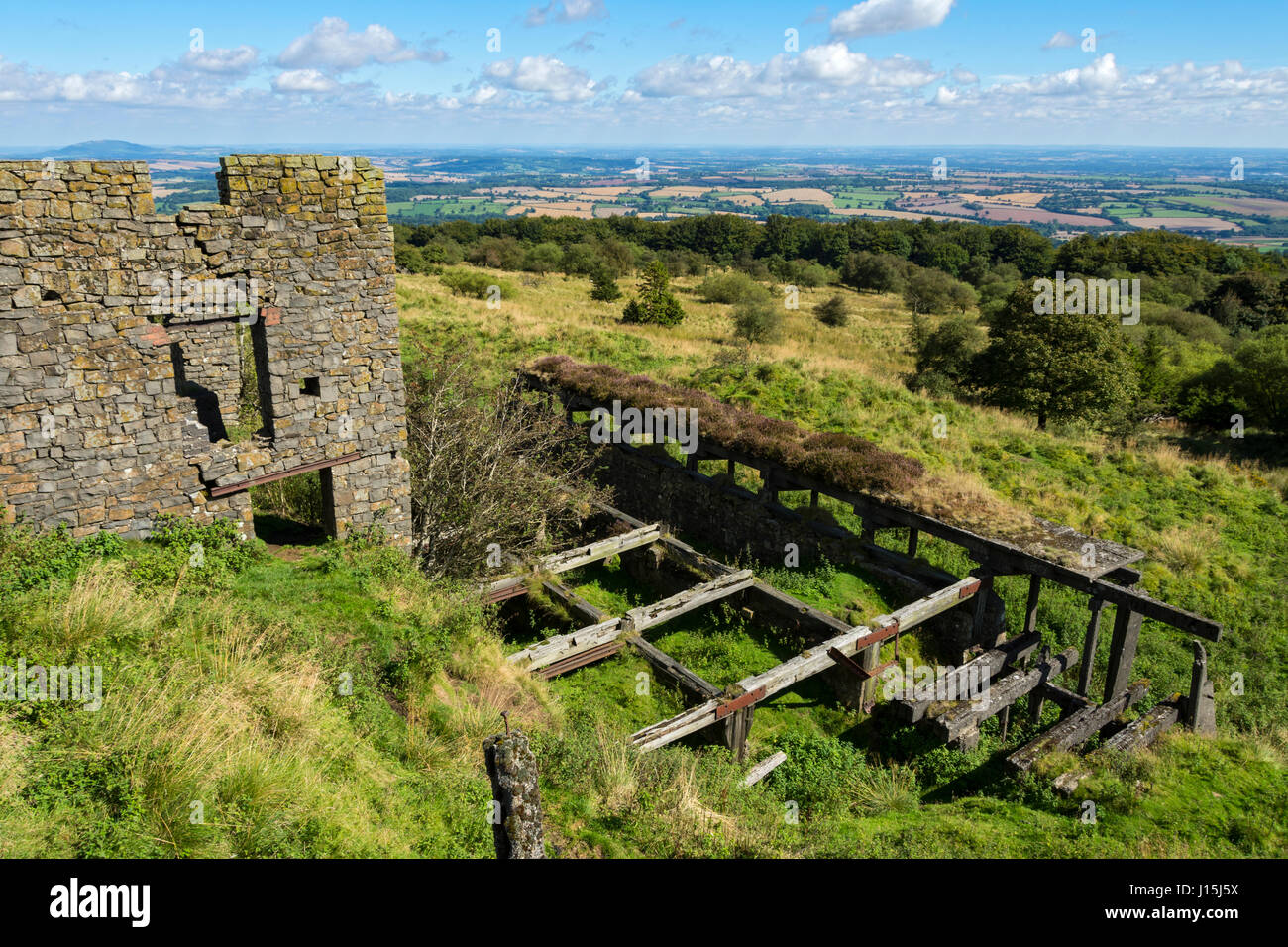 Ruins of old abandoned quarry buildings on Brown Clee Hill, Shropshire, England, UK. Stock Photo