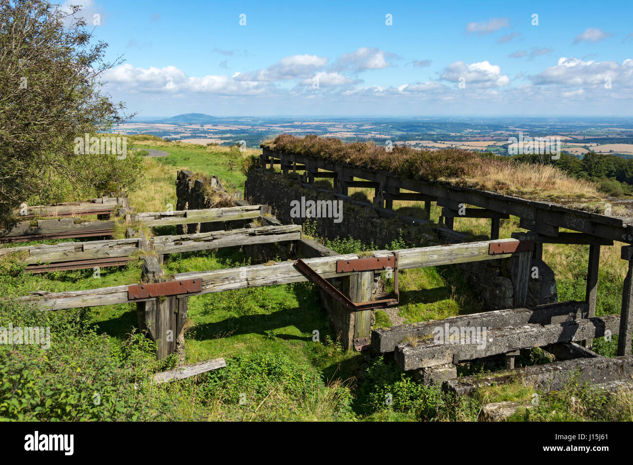 Ruins of old abandoned quarry buildings on Brown Clee Hill, Shropshire, England, UK. Stock Photo