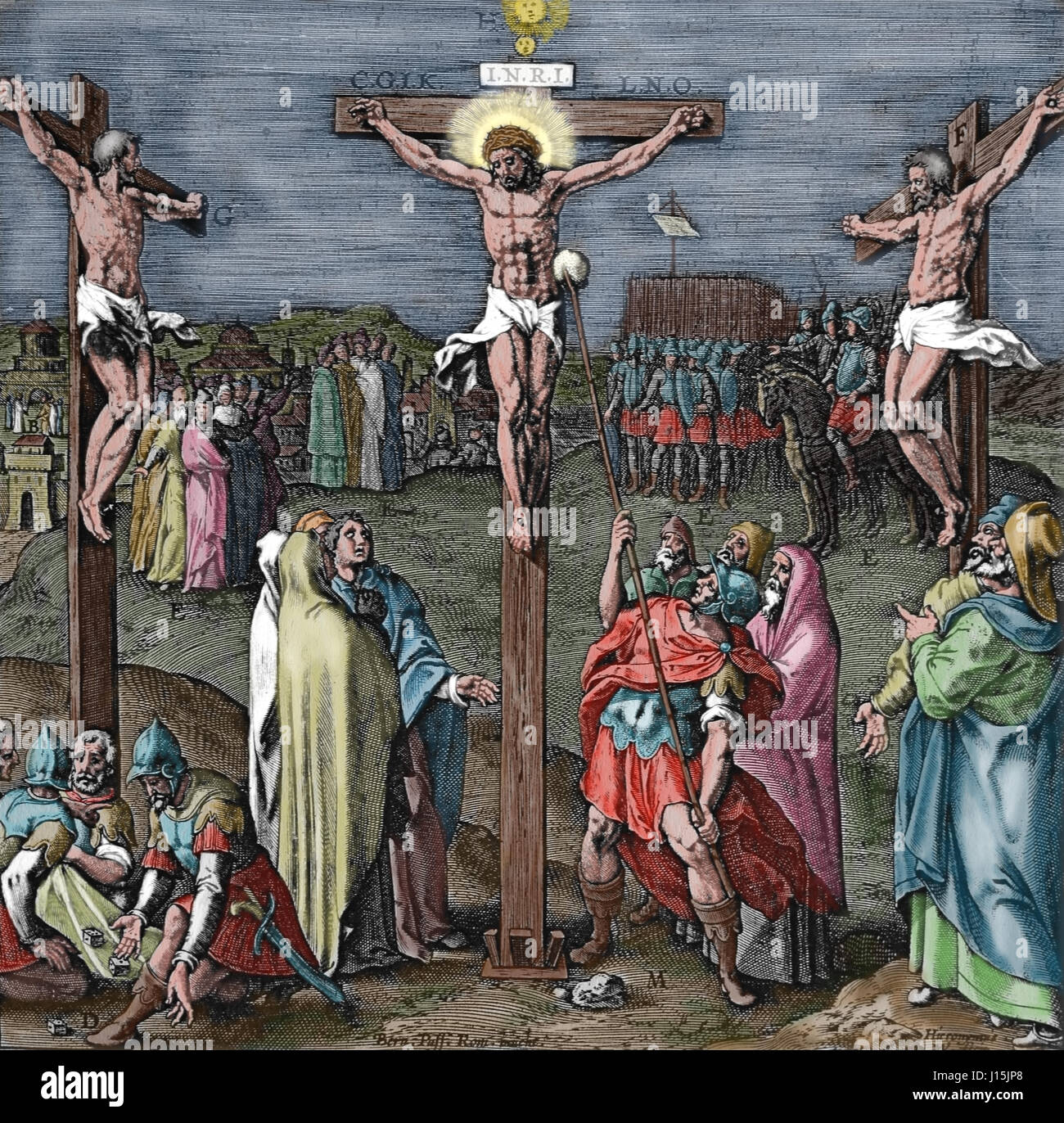 Crucifed Christ. Gospel illustration by Jerome Nadal (1507-1580). Color. Stock Photo