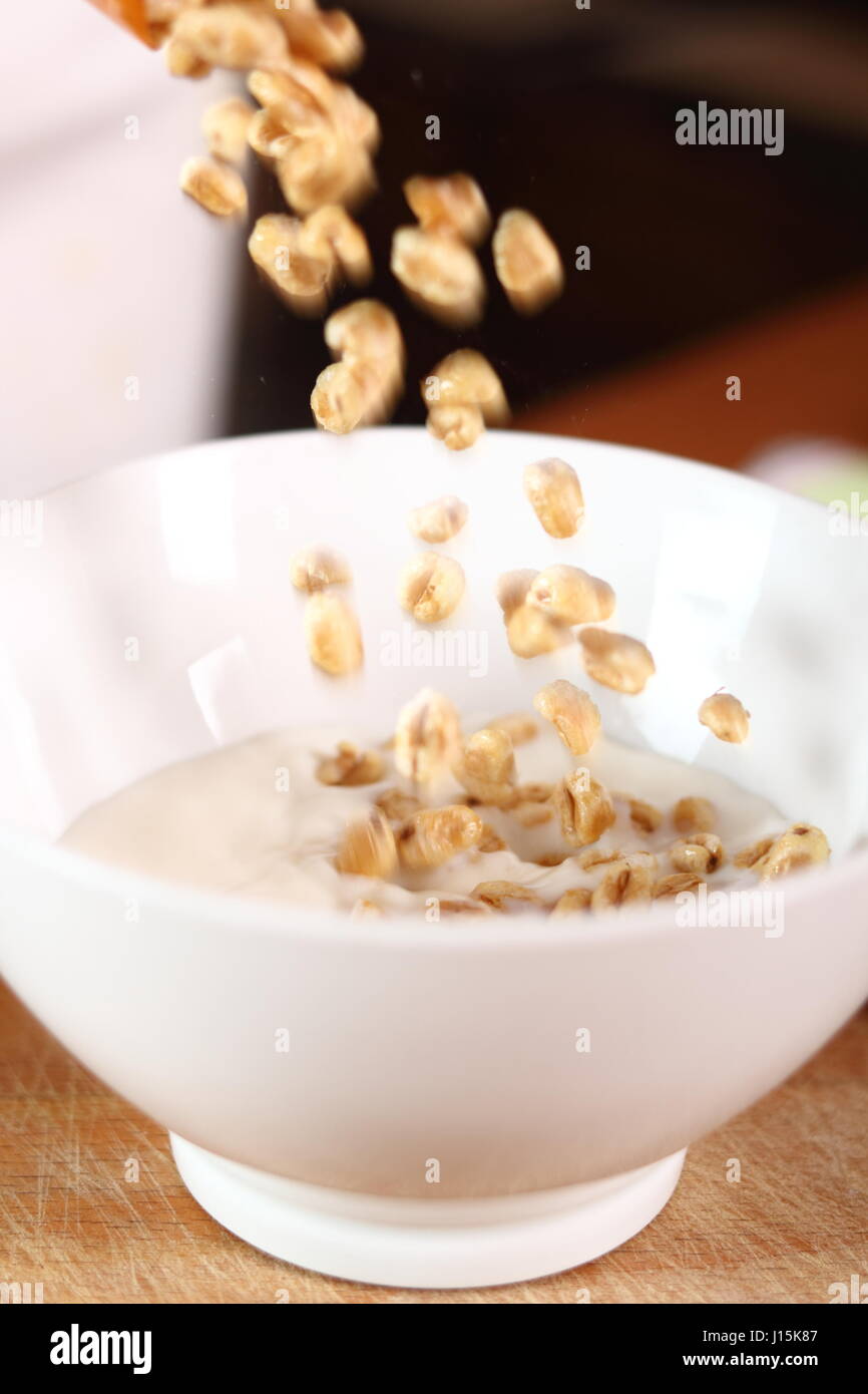 Pouring Whole Wheat Honey Puffs Cereal into Bowl with Milk Stock Photo