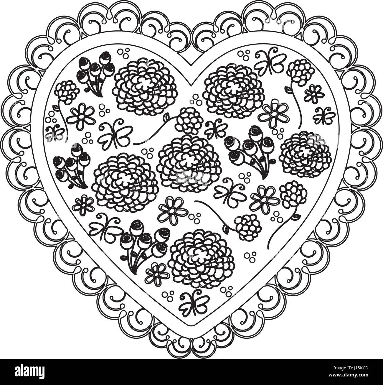 silhouette heart with decorative frame and pattern of flower and ...