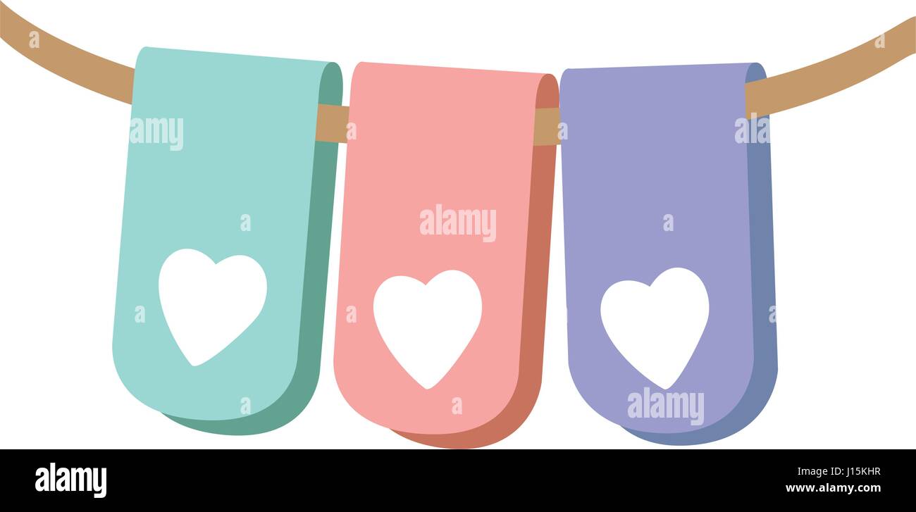 pastel color silhouette set flag in a rope for decoration with heart ...