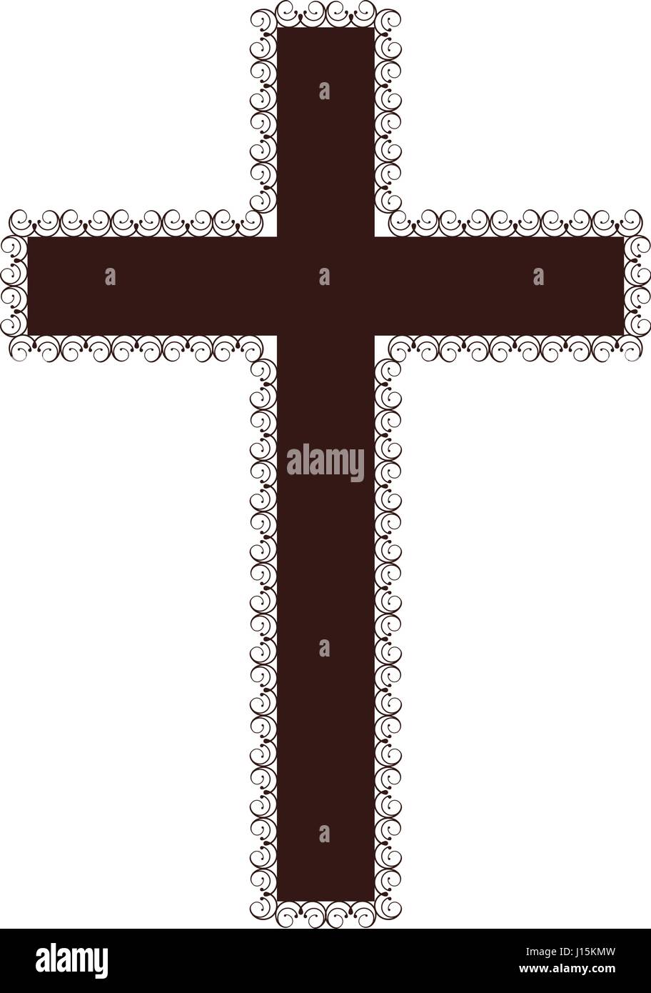 silhouette brown color wooden cross with swirl decorative frame Stock Vector