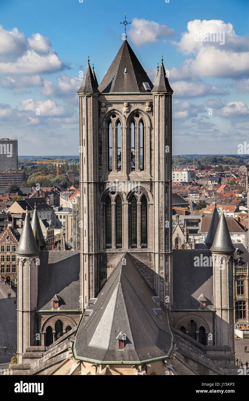 Tower of Saint Nicholas Church seen from the Belfry, Ghent, Belgium. Stock Photo