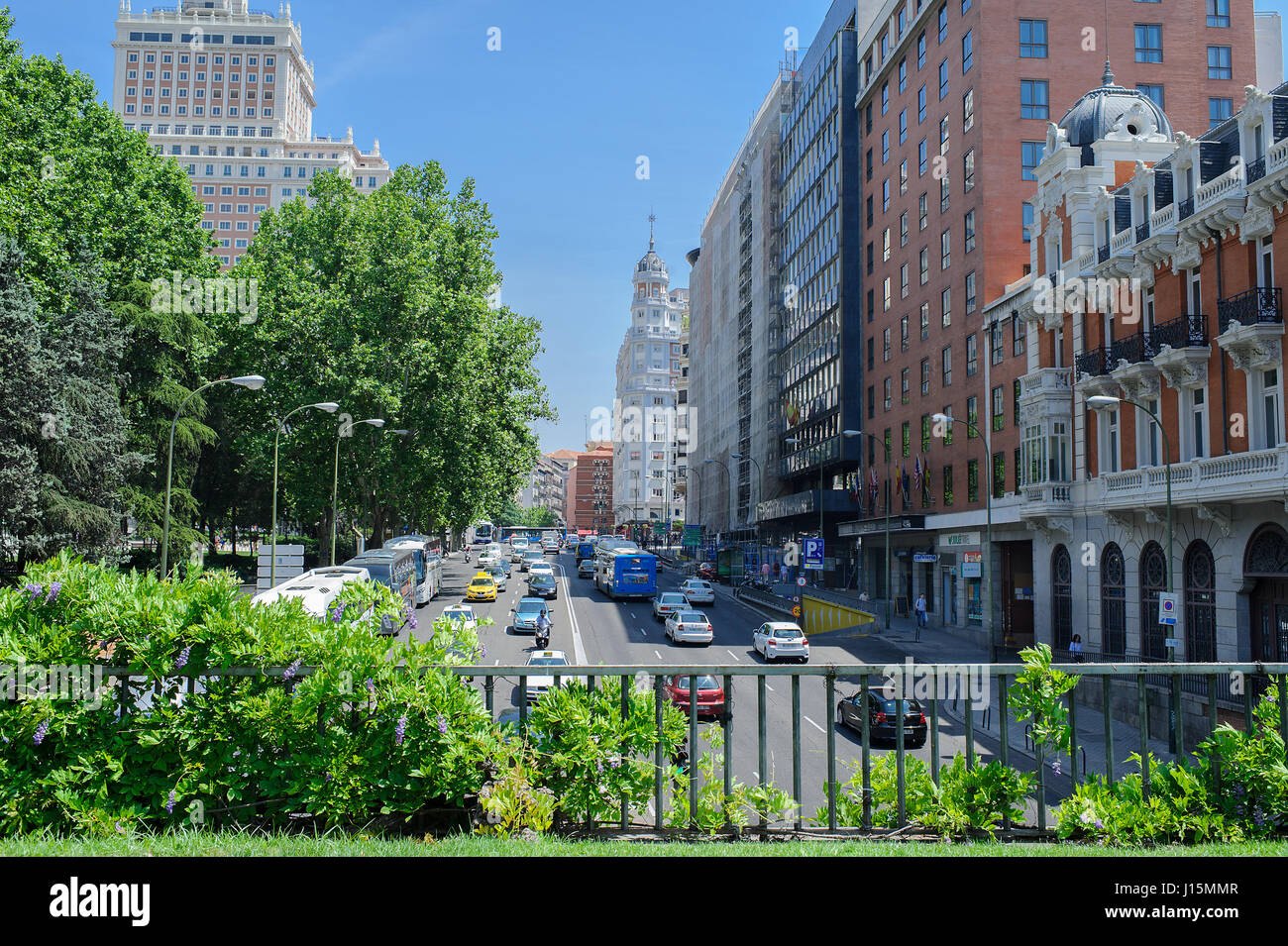Spain. Sunny day, Madrid and cars and bus Stock Photo