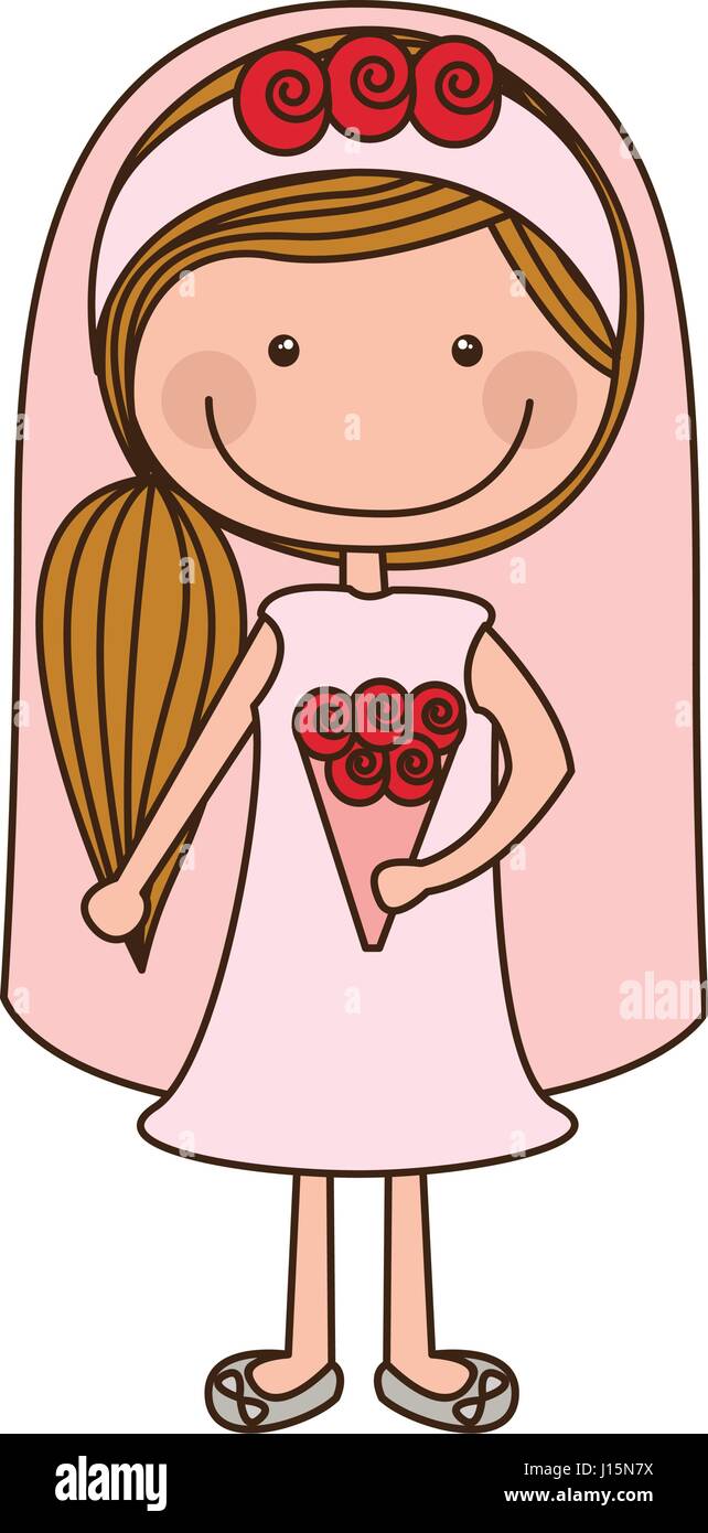 Colorful Caricature Woman In Wedding Dress With Side Ponytail