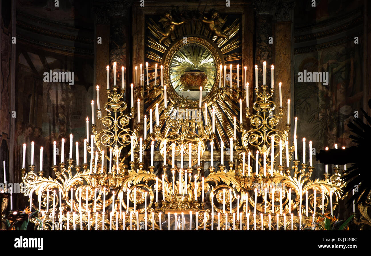 ROME, ITALY -  APRIL 13, 2017: The Forty Hours' Devotion Machine, every year since the XVII century, 213 candles have lit up in the church of Santa Ma Stock Photo