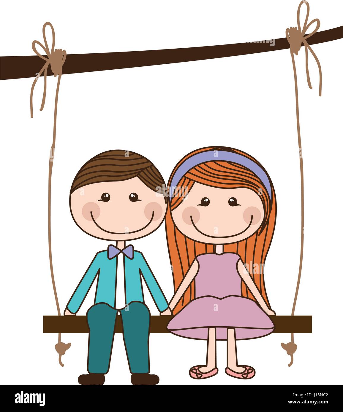 colorful caricature couple sit in swing hanging from a branch Stock Vector