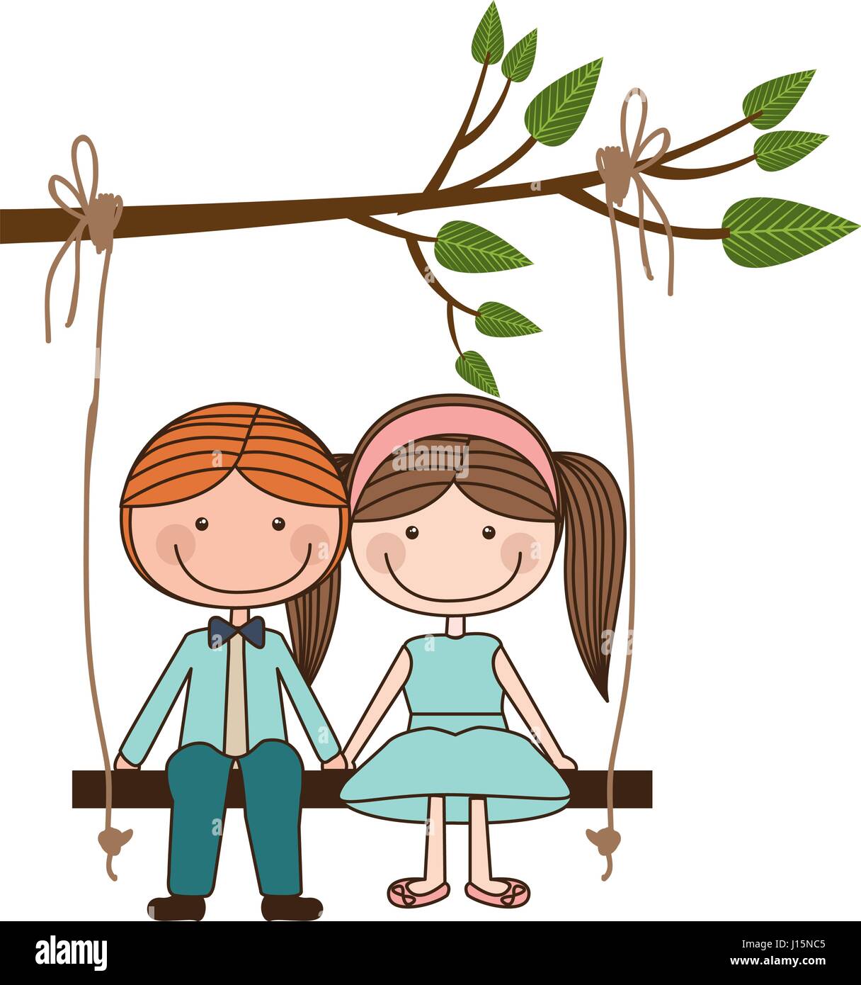 colorful caricature blond guy and girl with pigtails hairstyle sit in swing hanging from a branch Stock Vector