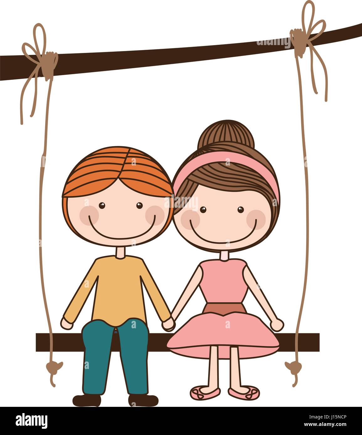 colorful caricature blond guy and girl with collected hairstyle sit in swing hanging from a branch Stock Vector
