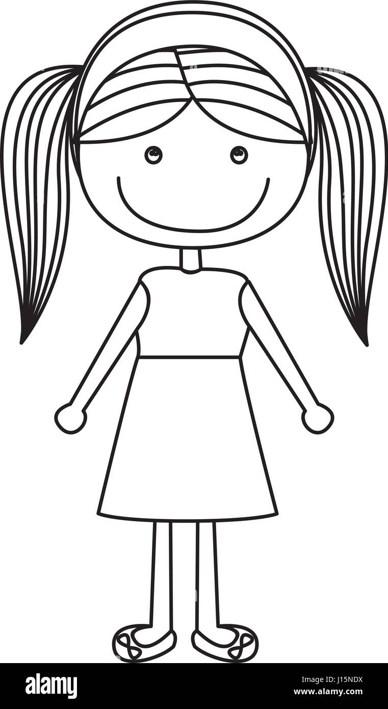silhouette caricature girl with pigtails hairstyle and skirt with