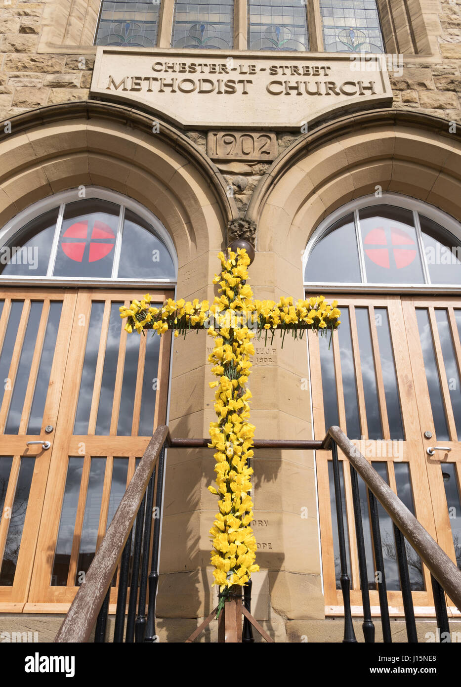 Decorated Easter cross, Chester le Street methodist church, Co. Durham, England, UK Stock Photo