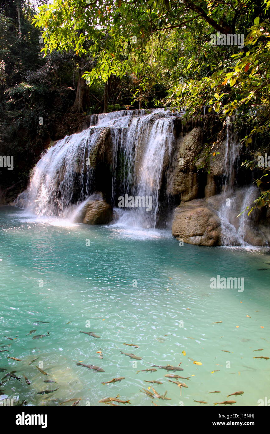 A scenic waterfall in Thailand, Erawan National park Stock Photo