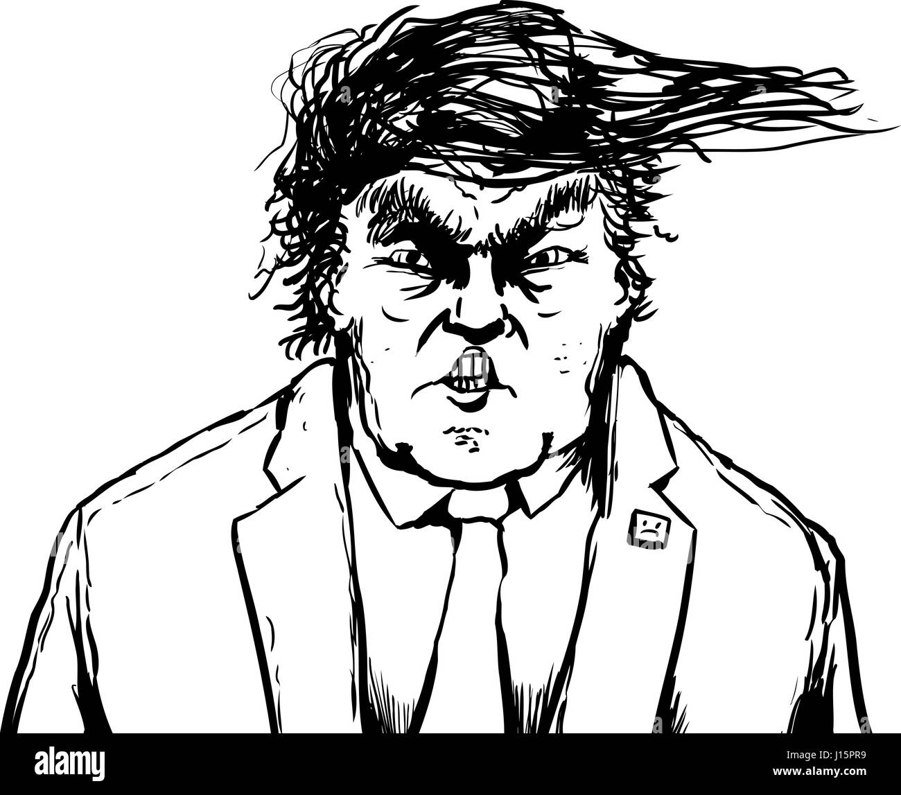 April 18, 2017. Outlined caricature of Donald Trump with clenched teeth and hairdo blowing sideways Stock Photo