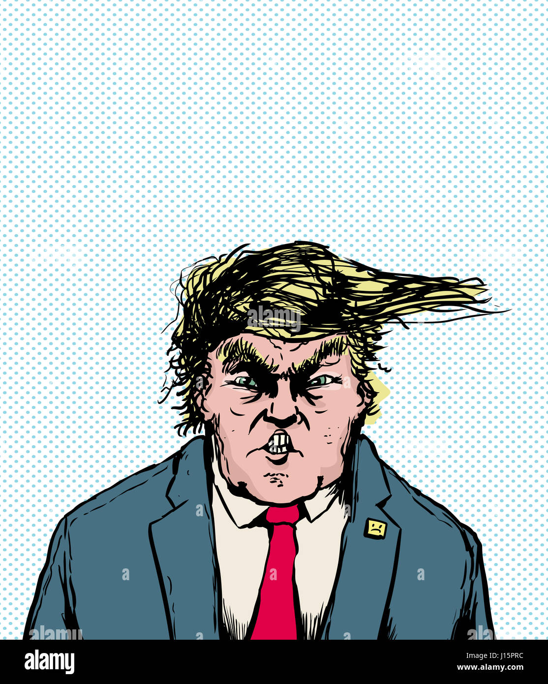 April 18, 2017. Caricature of Donald Trump with clenched teeth and hairdo blowing sideways Stock Photo