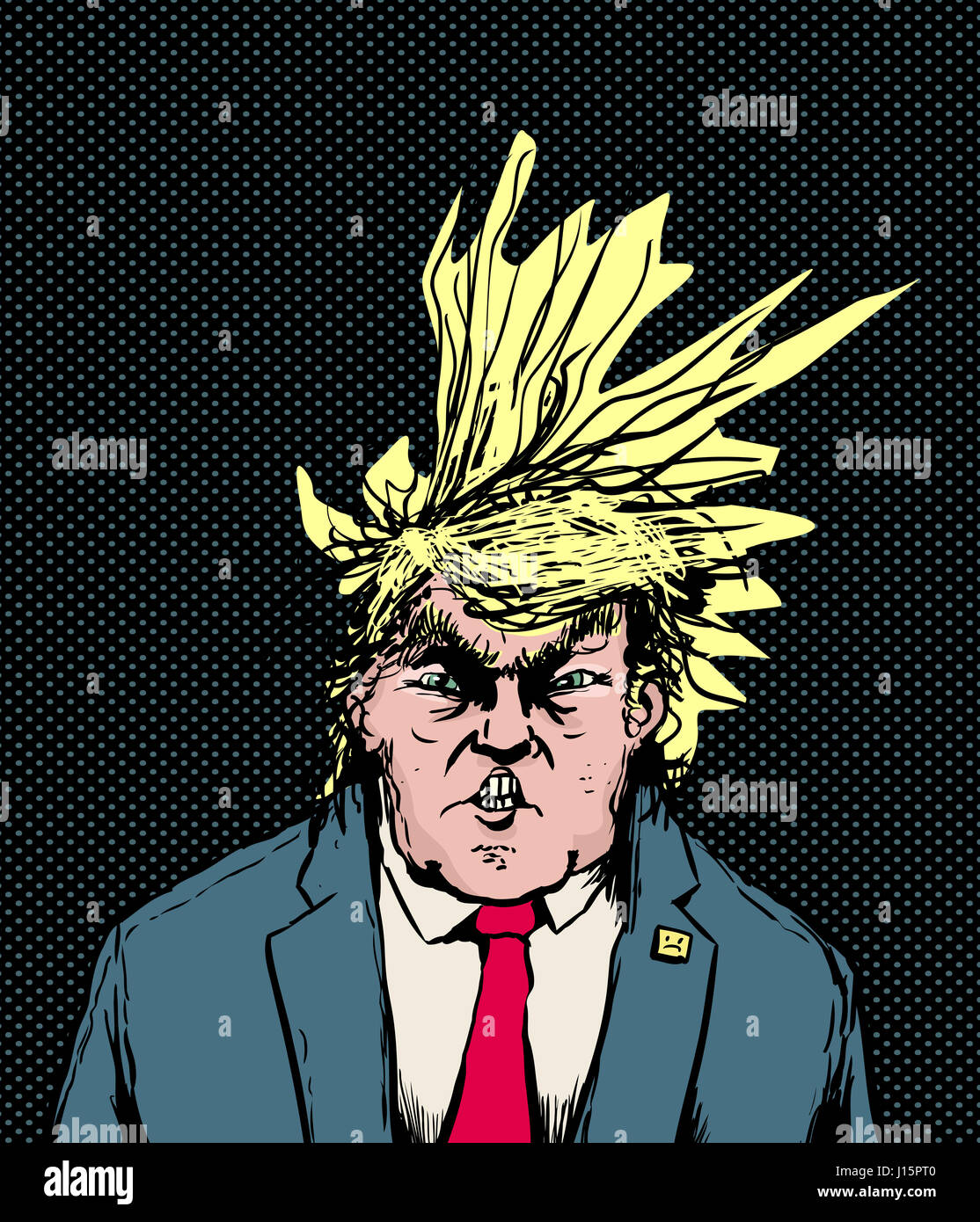 April 18, 2017. Illustration of Donald Trump with clenched teeth and messy hair blowing diagonally Stock Photo