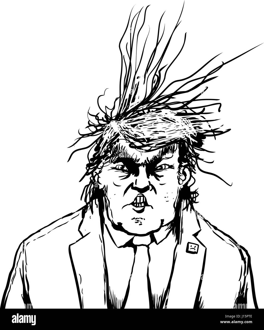 April 18, 2017. Outline of Donald Trump with clenched teeth and frazzled hair Stock Photo