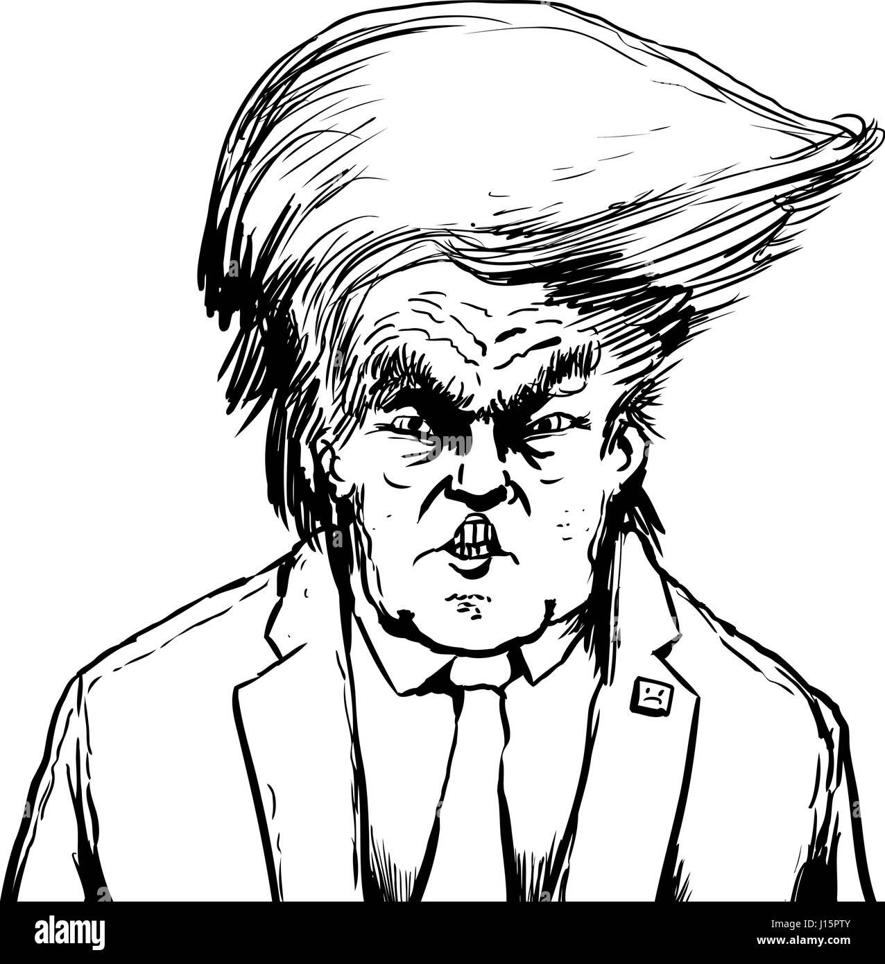April 18, 2017. Outlined caricature of angry Donald Trump with Bouffant hairdo Stock Photo