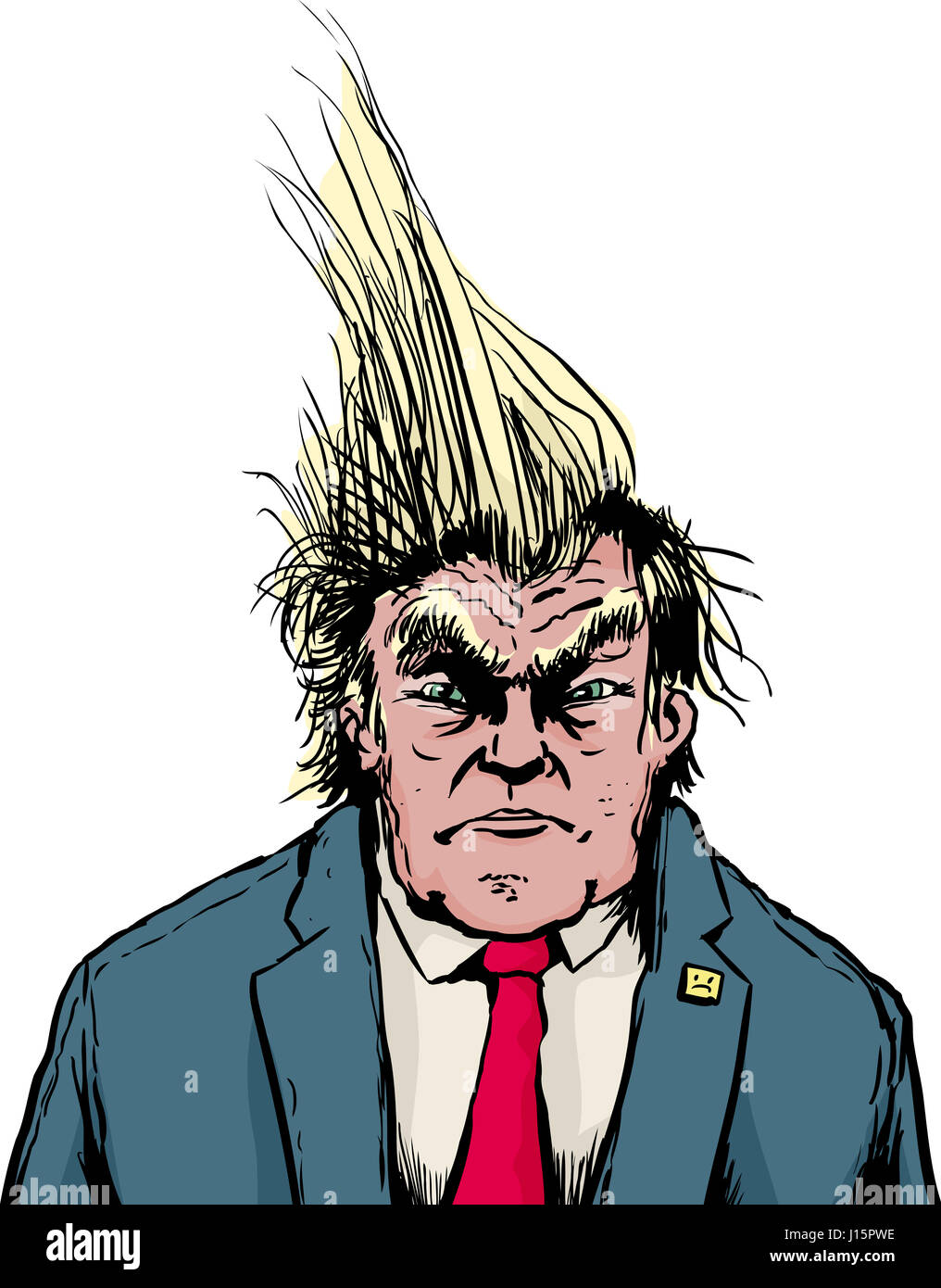 April 18, 2017. Caricature of frowning Donald Trump with spiked hair Stock Photo