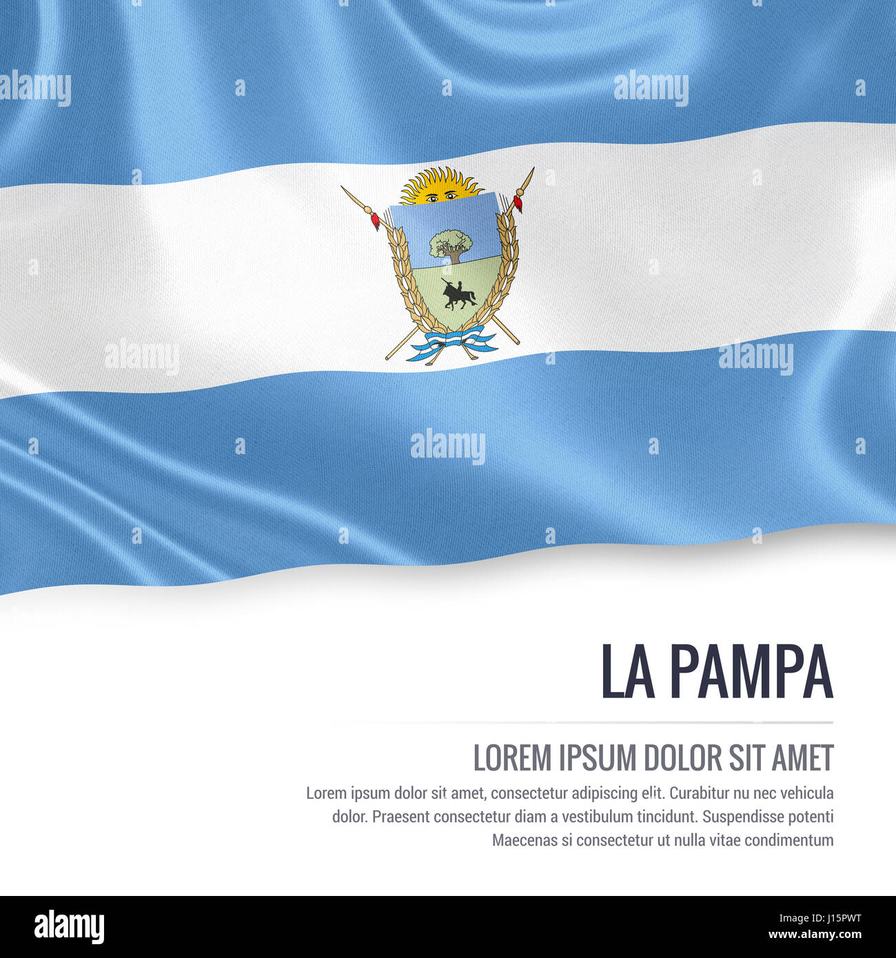 Flag of Argentinian state La Pampa waving on an isolated white background.  State name and the text area for your message Stock Photo - Alamy