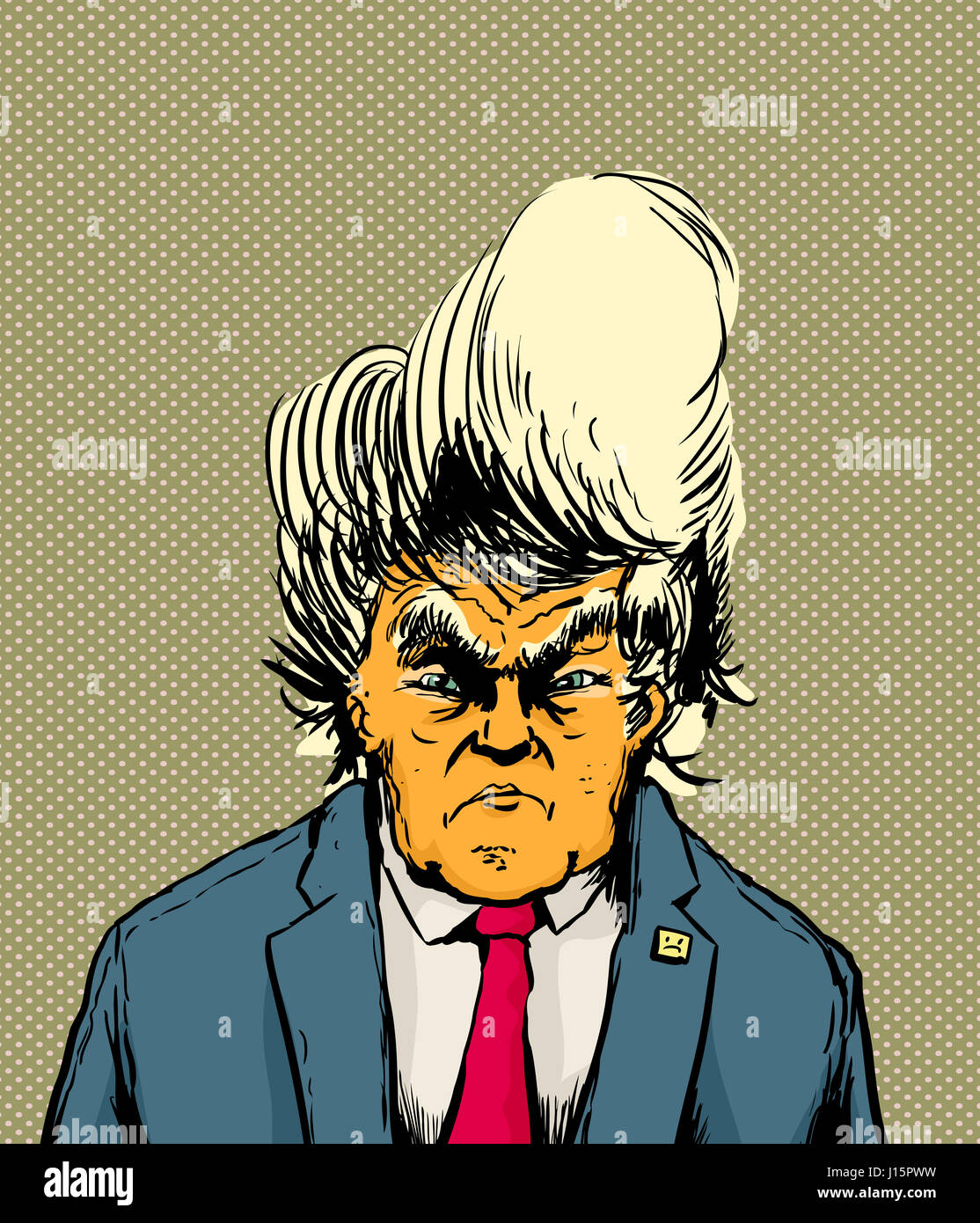 April 18, 2017. Caricature of a frowning orange skinned Donald Trump with strange hairdo Stock Photo