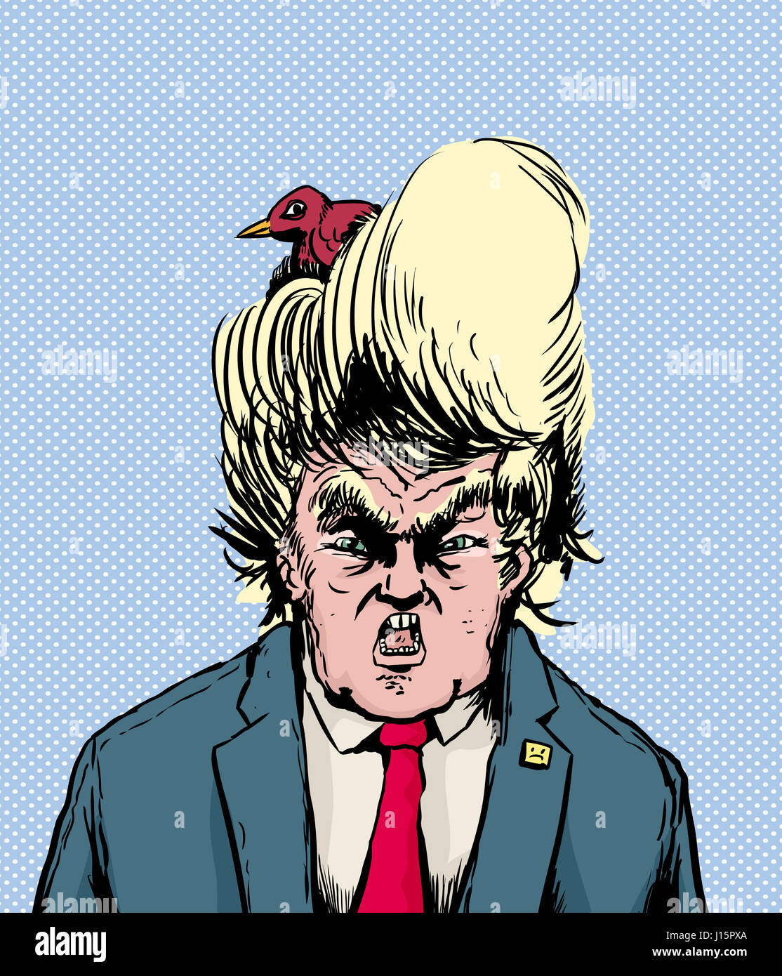 April 18, 2017. Caricature of screaming Donald Trump with bird nesting in his hair Stock Photo