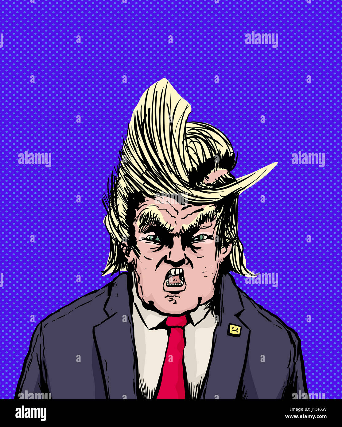 April 18, 2017. Caricature of Donald Trump in weird parted hairdo and yelling Stock Photo