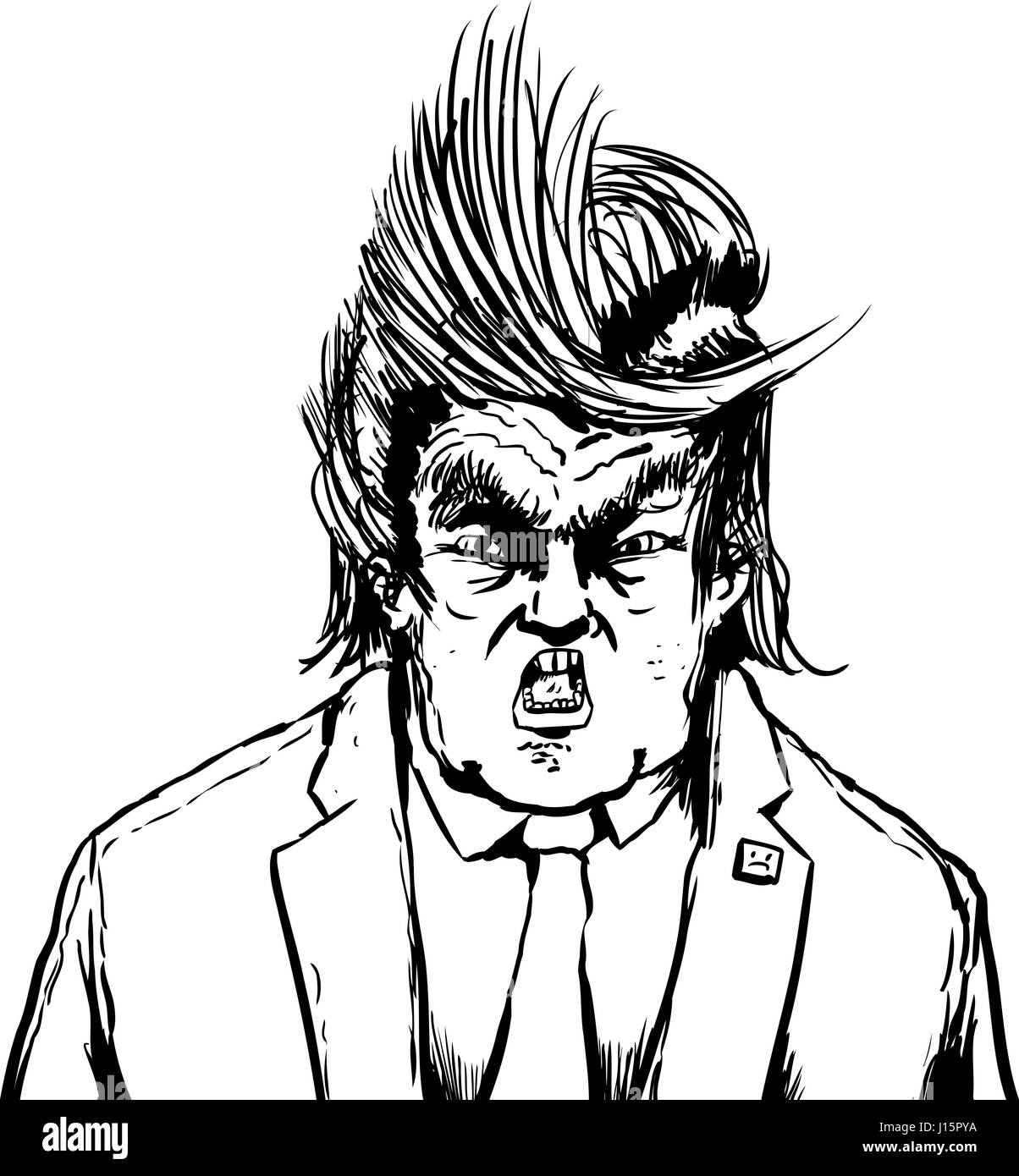 April 18, 2017. Outline cartoon of Donald Trump in weird parted hairdo and yelling Stock Photo