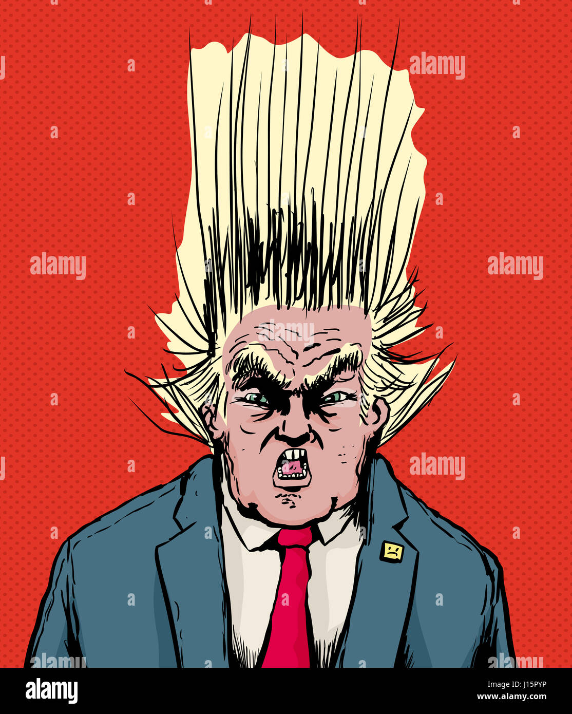 April 18, 2017. Caricature of Donald Trump with hair standing up while he screams Stock Photo
