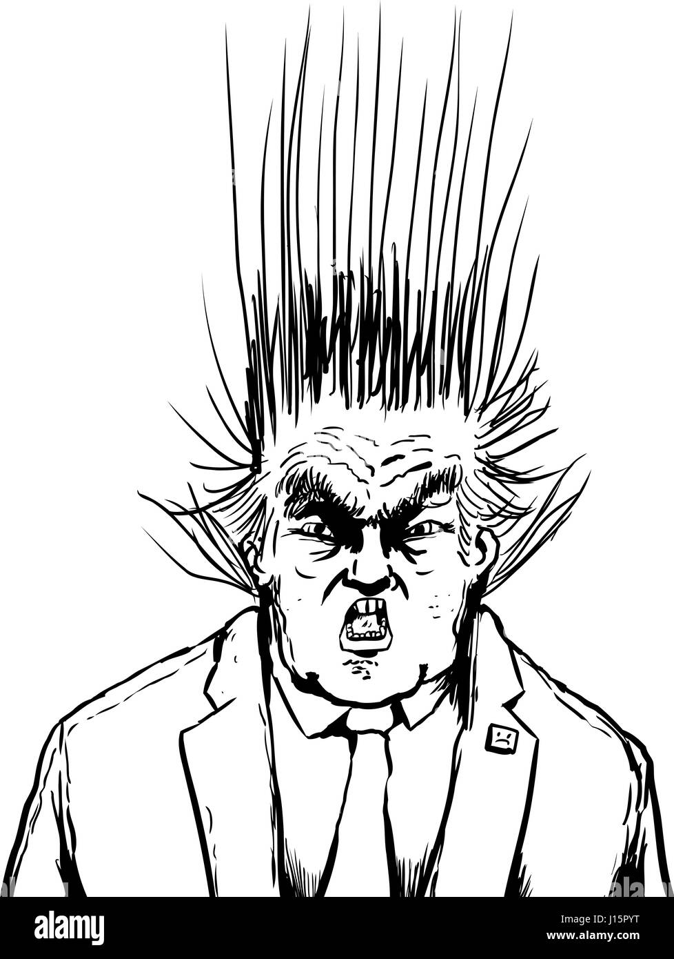 April 18, 2017. Outline sketch of Donald Trump with hair standing up while he screams Stock Photo
