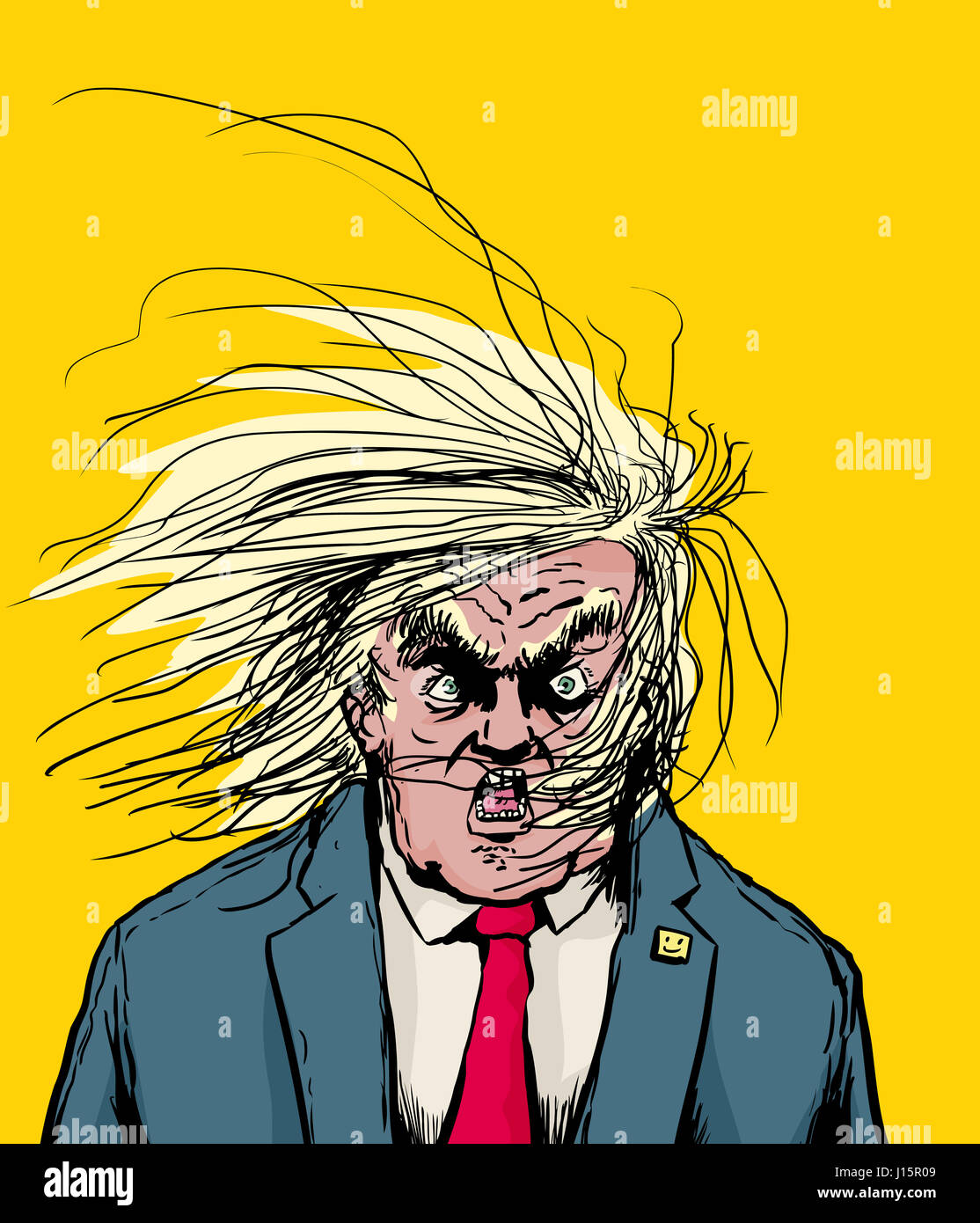 April 18, 2017. Caricature of angry Donald Trump with hair blowing in his face Stock Photo