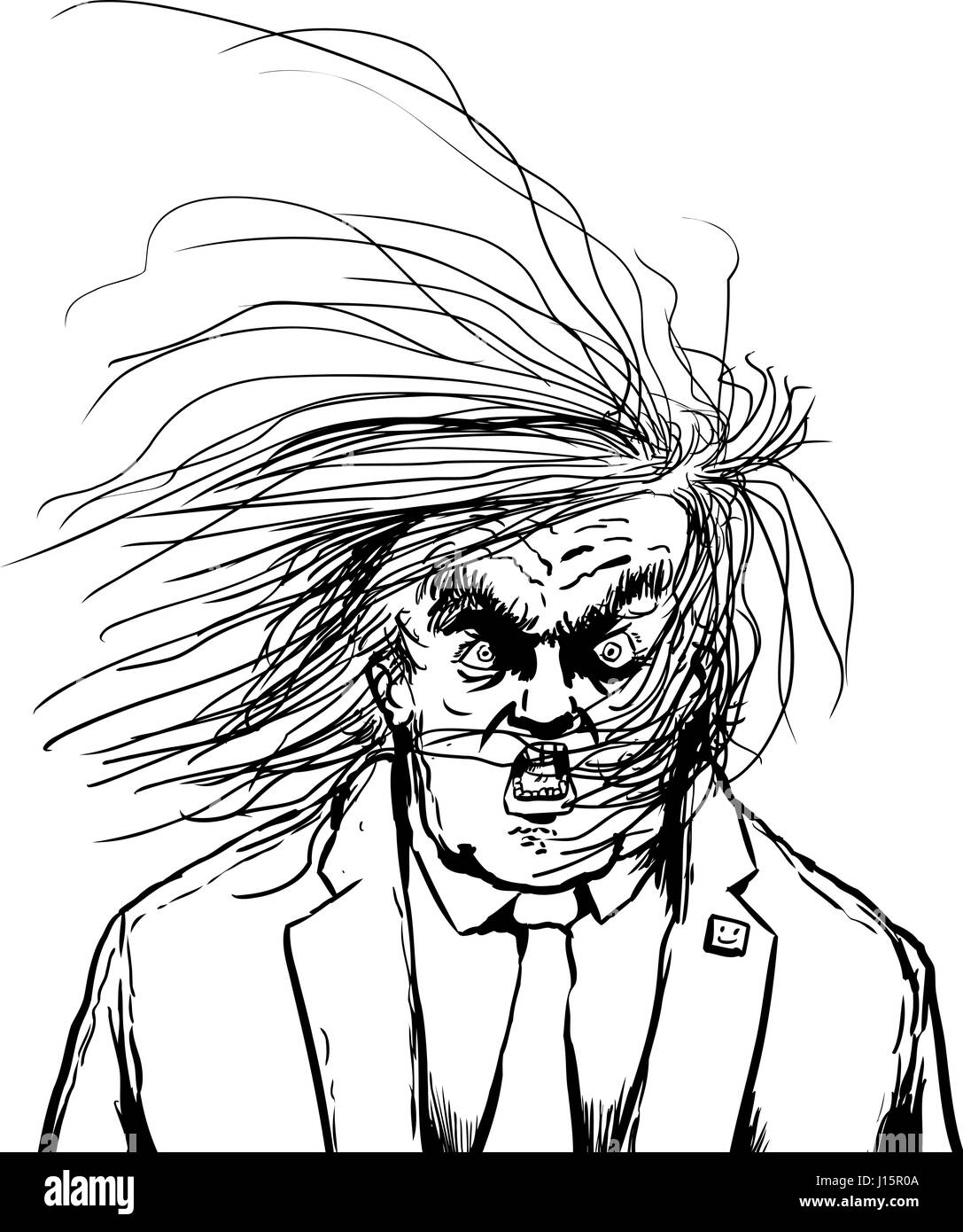 April 18, 2017. Outlined cartoon of a furious Donald Trump with hair blowing in his face Stock Photo