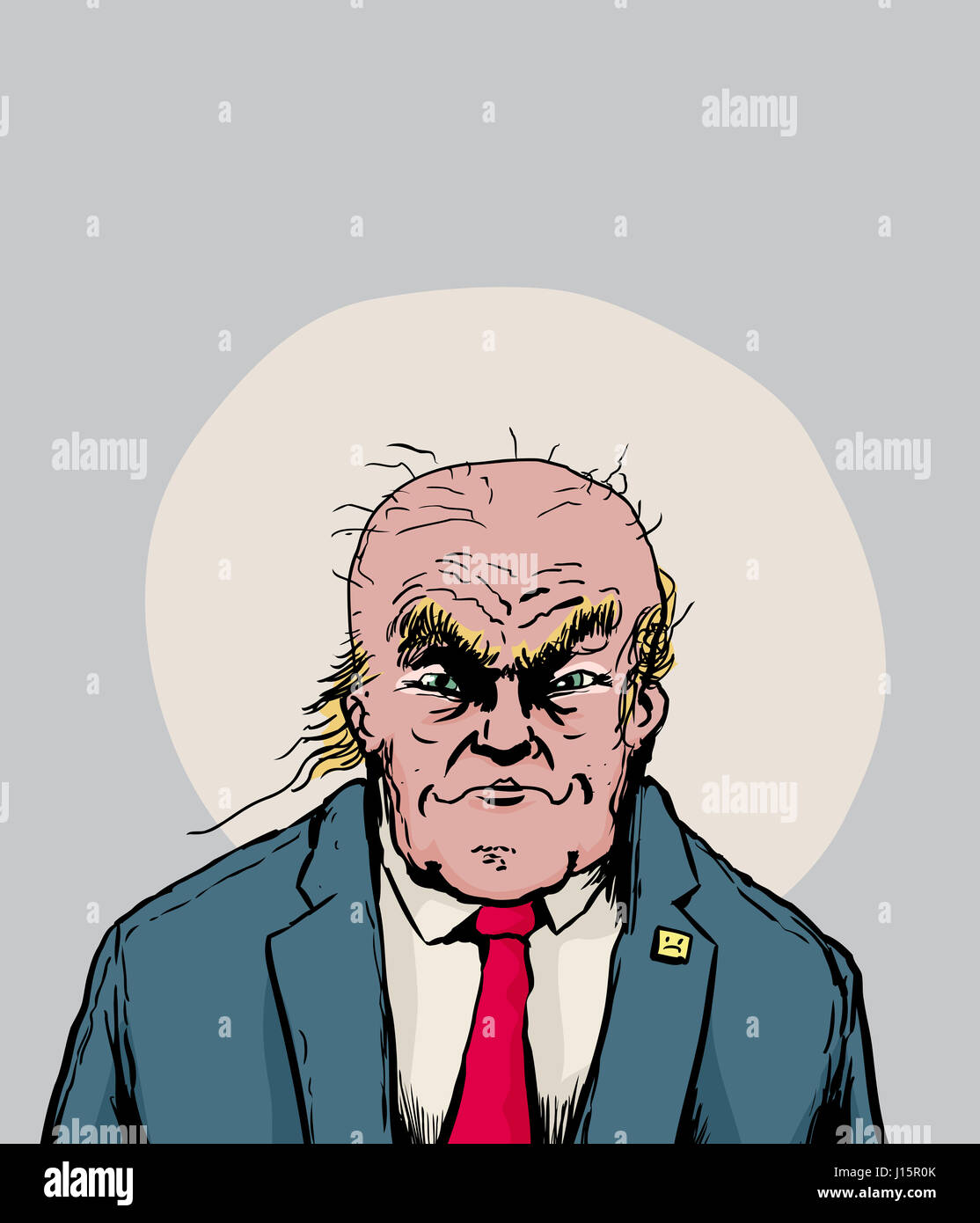 April 18, 2017. Caricature of smirking Donald Trump with balding head Stock Photo
