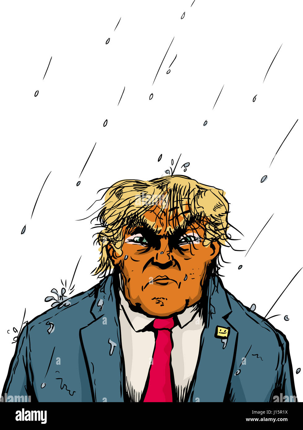 April 18, 2017. Caricature of soaking wet orange skinned Donald Trump in rain storm Stock Photo