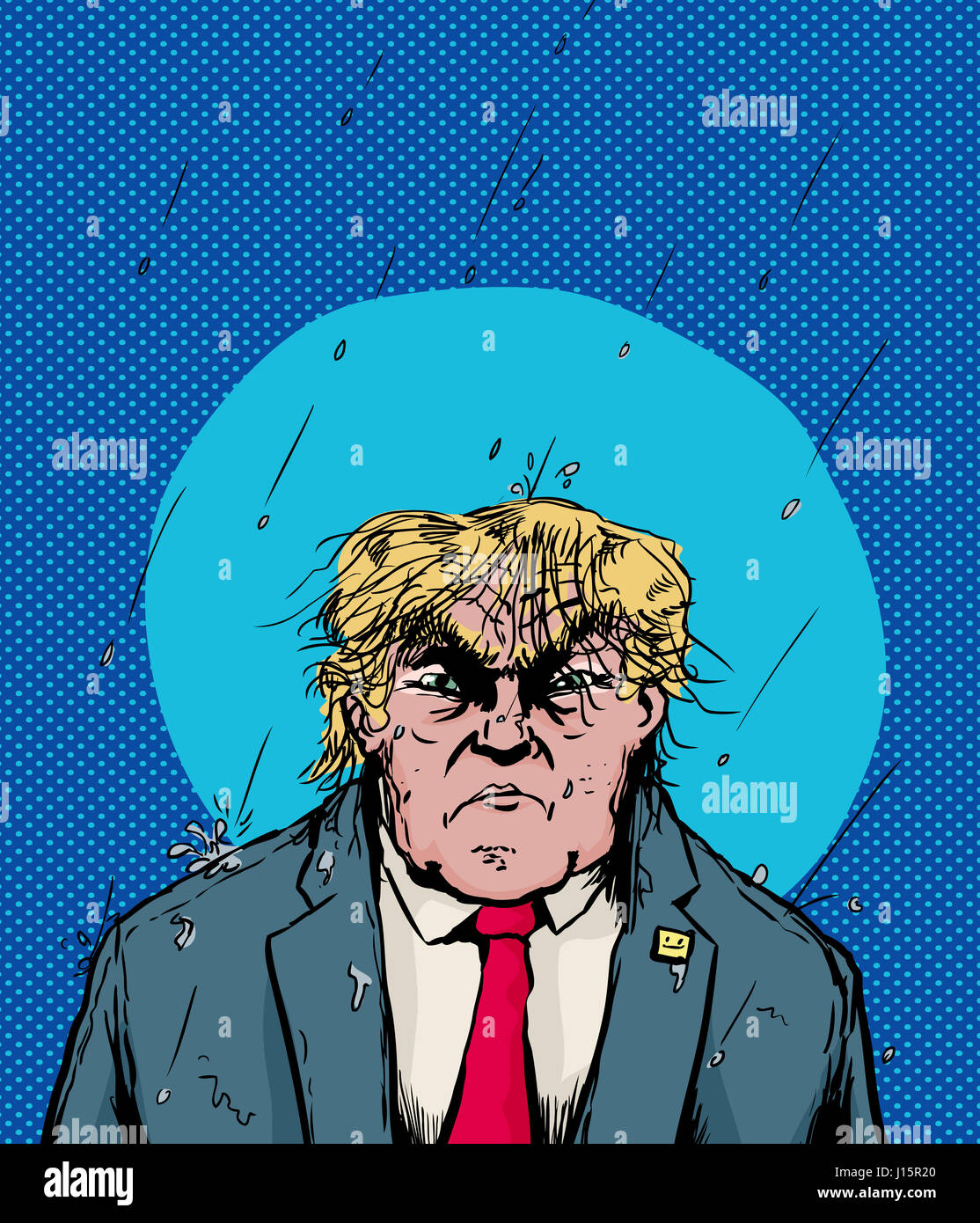 April 18, 2017. Caricature of soaking wet Donald Trump in rain storm Stock Photo