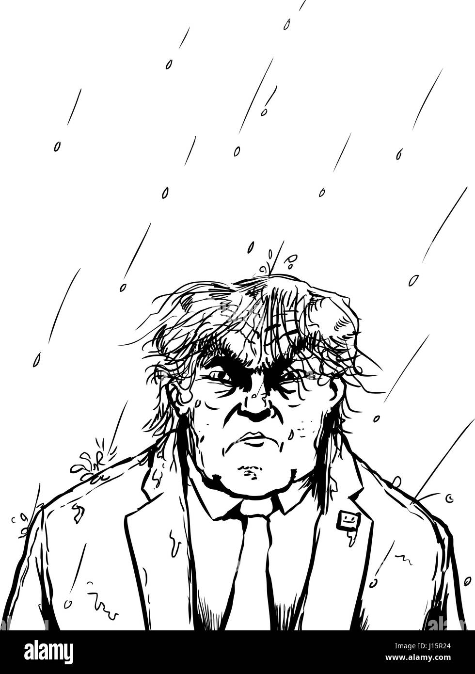 April 18, 2017. Outline cartoon of soaking wet Donald Trump in rain storm Stock Photo