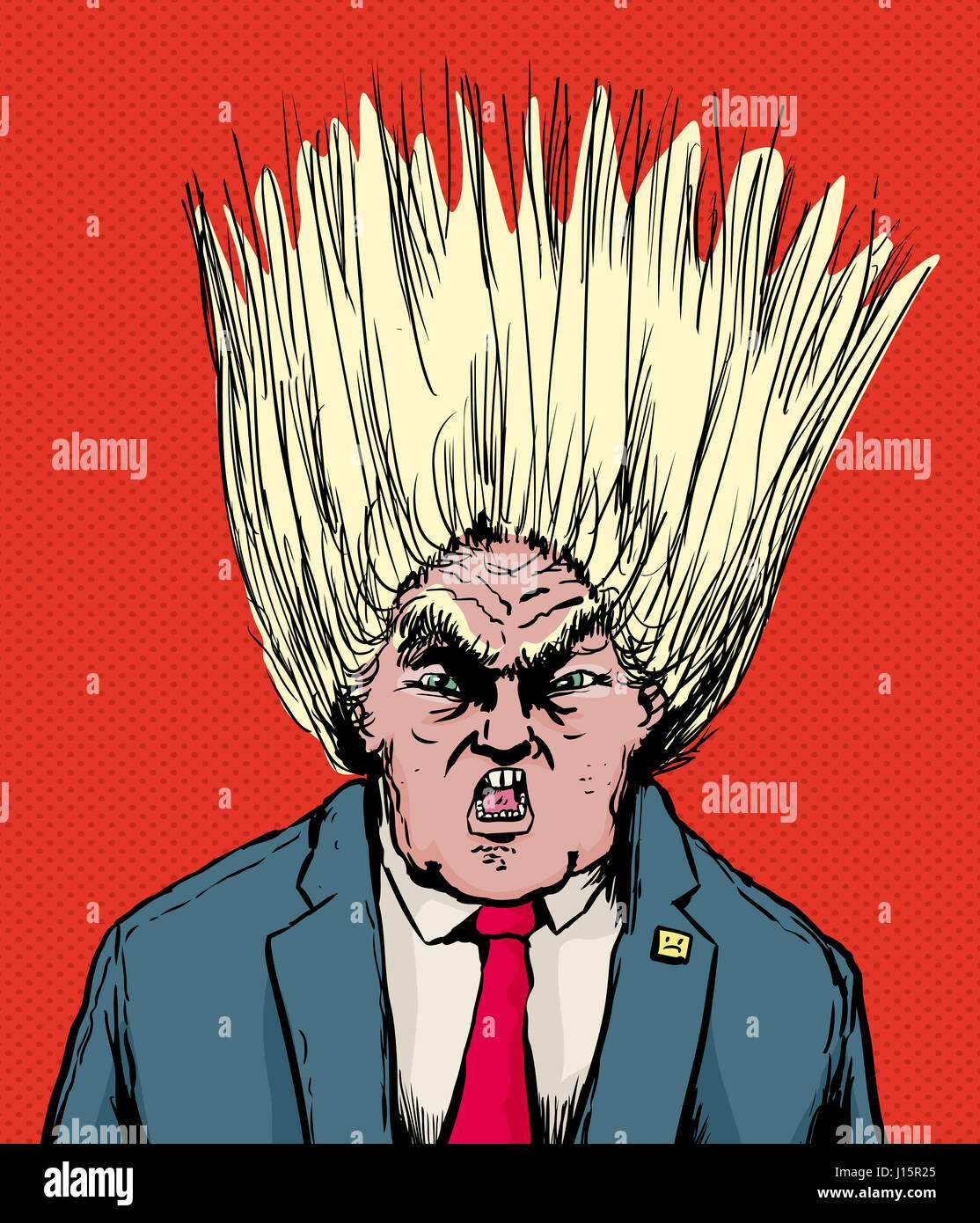 April 18, 2017. Caricature of outraged Donald Trump with hairdo blown out Stock Photo