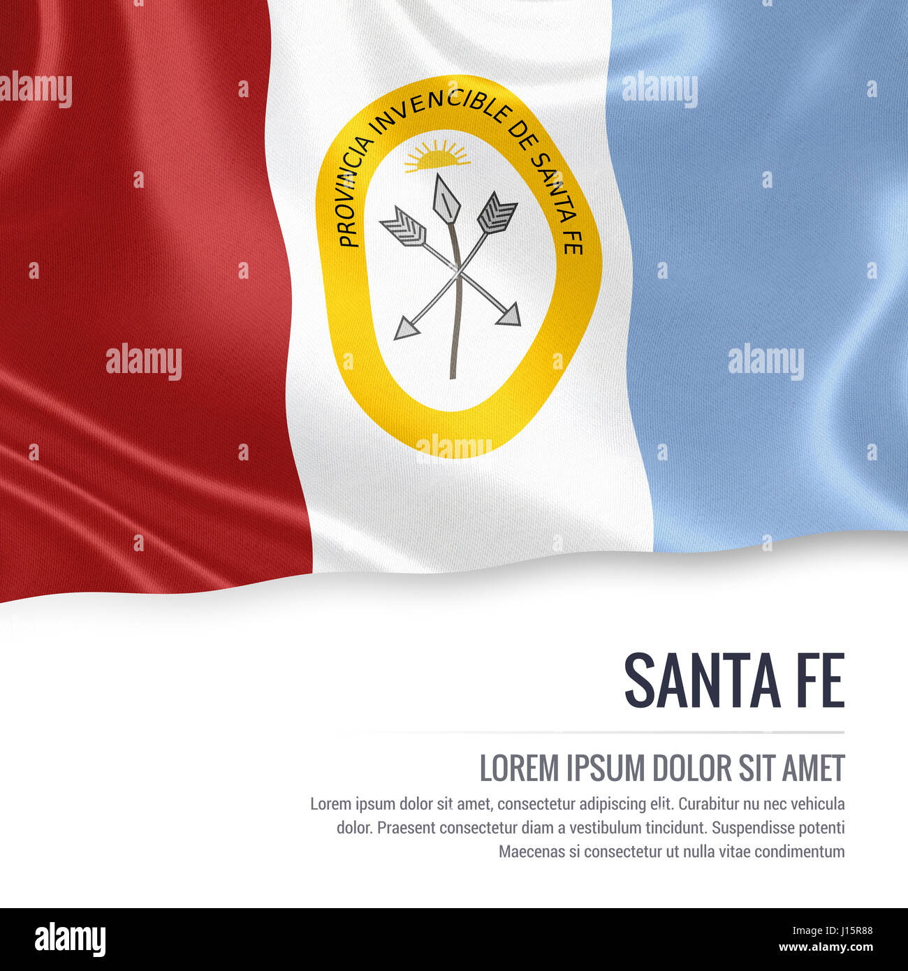 Flag of Argentinian state Santa Fe waving on an isolated white background. State name and the text area for your message. Stock Photo