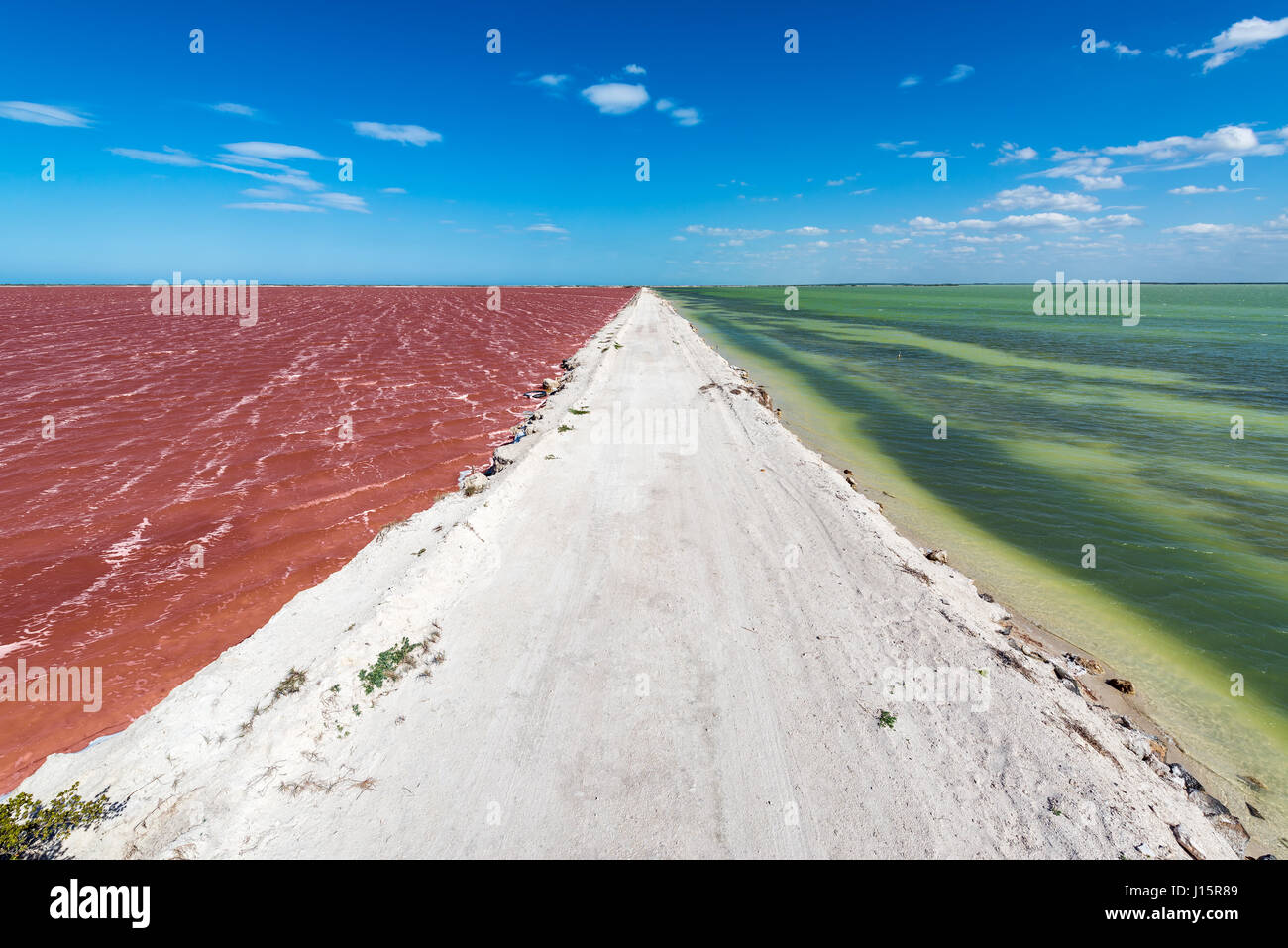 Dirt road with red water on one side and green water on the other with a beautiful blue sky by the town of Las Coloradas near Rio Lagartos, Mexico Stock Photo