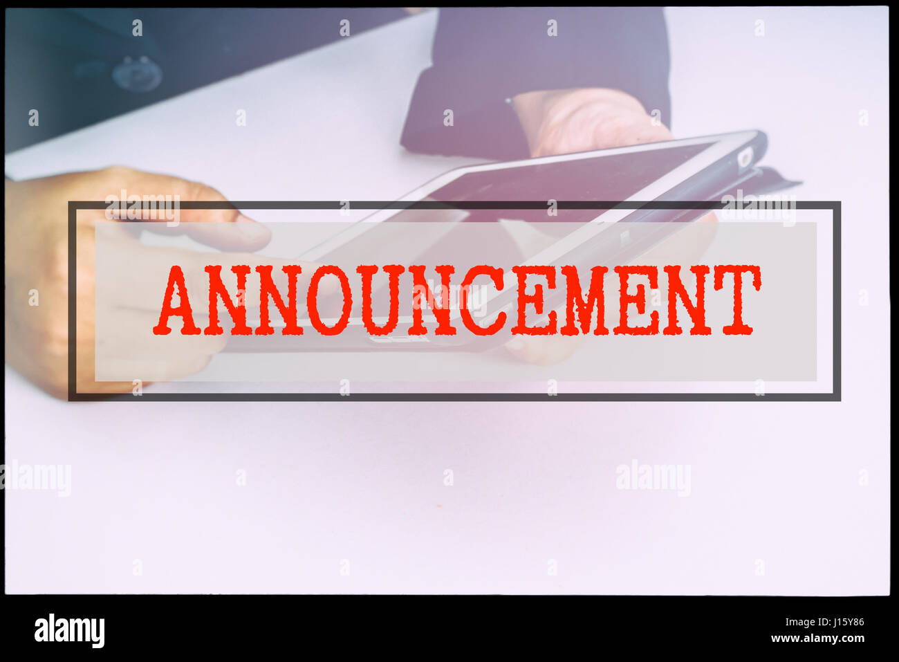 Hand and text ANNOUNCEMENT with vintage background. Technology concept ...