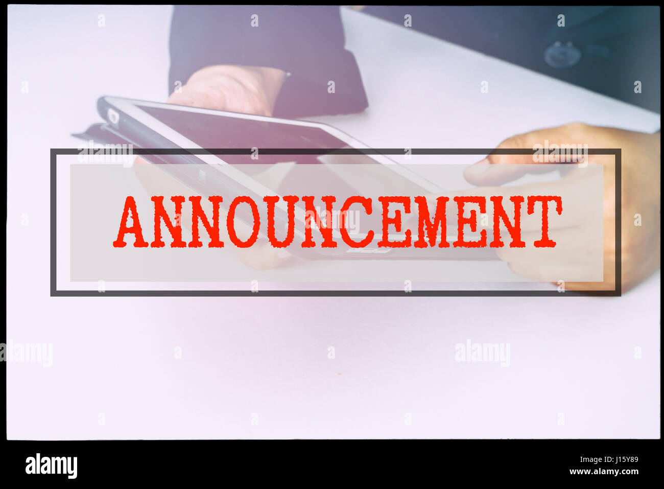 Hand and text ANNOUNCEMENT with vintage background. Technology concept ...