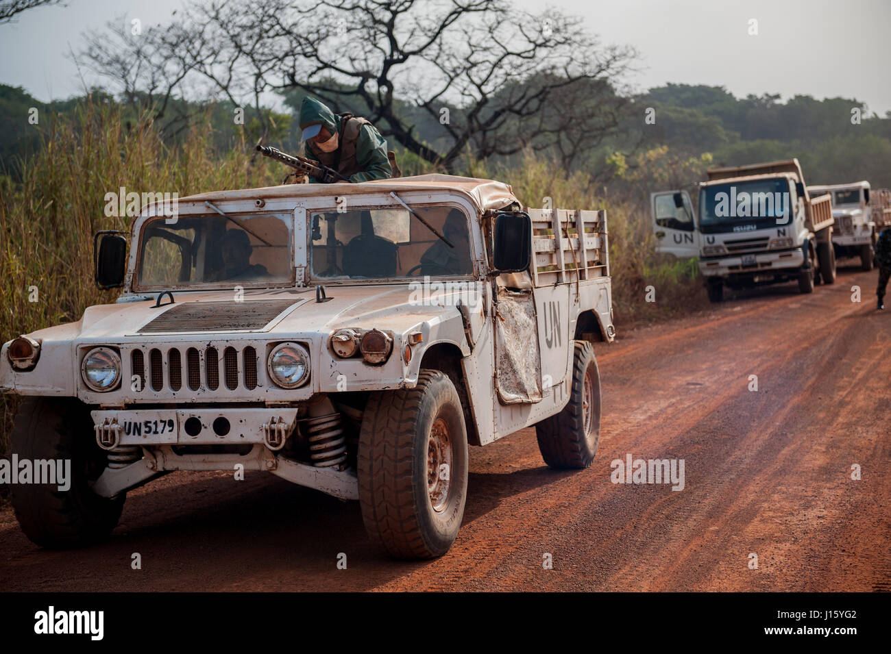 A United Nations armed convoy on the road between Dungu and Faradje in north east Democratic Republic of Congo Stock Photo
