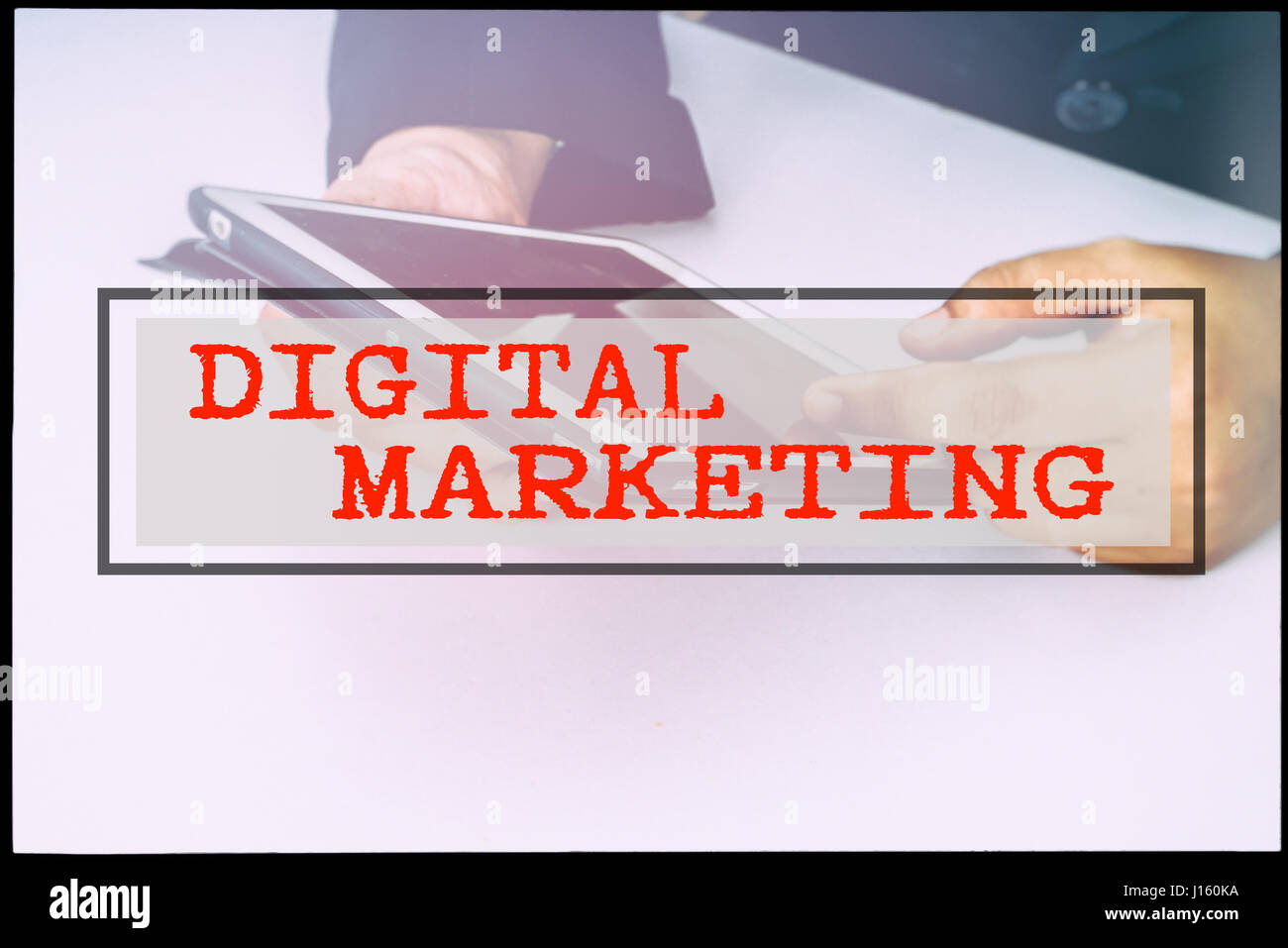 Hand and text DIGITAL MARKETING with vintage background. Technology ...