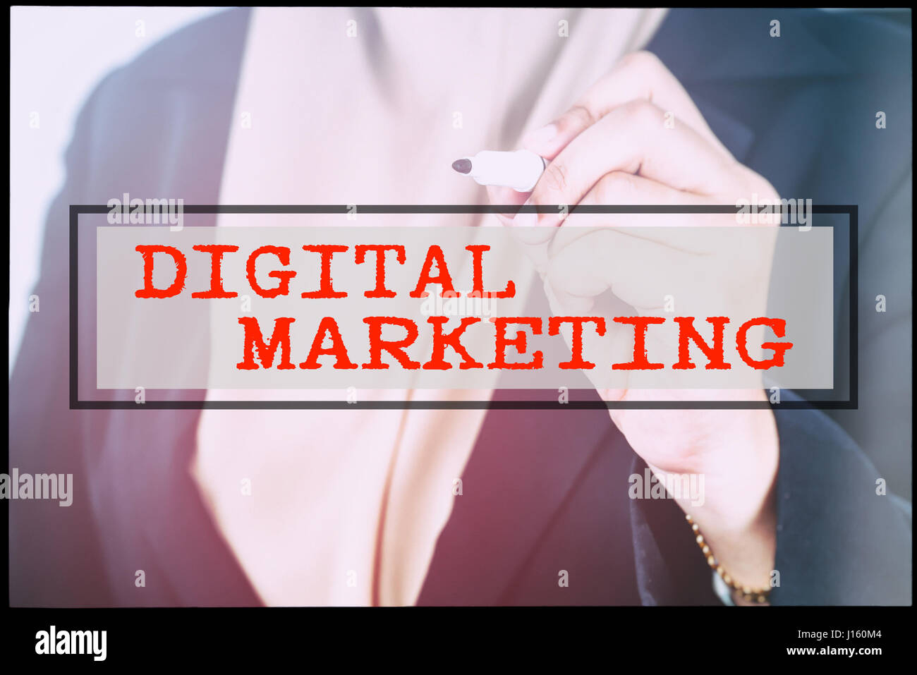 Hand and text DIGITAL MARKETING with vintage background. Technology ...