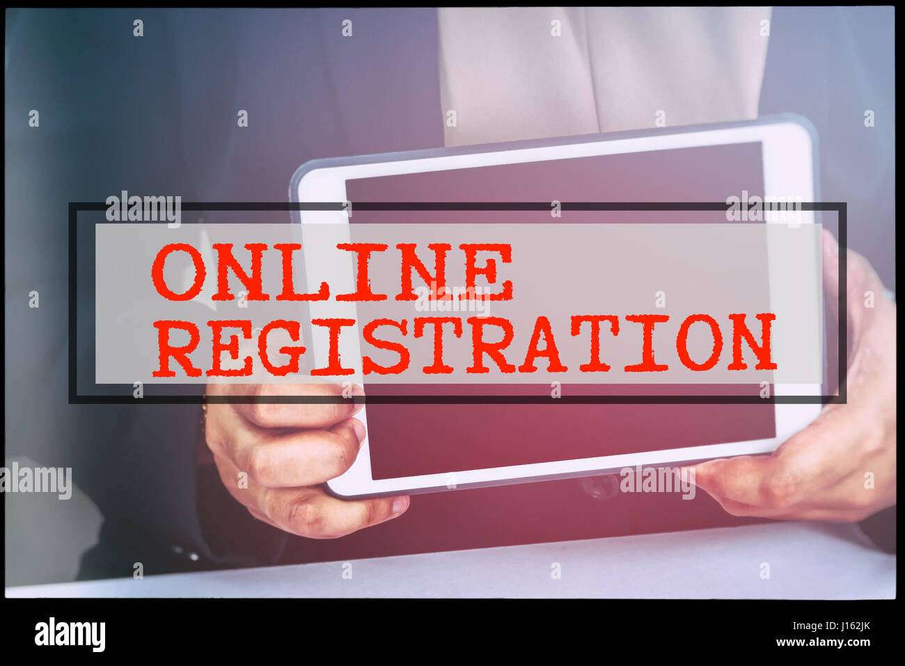 Hand and text ONLINE REGISTRATION with vintage background. Technology ...