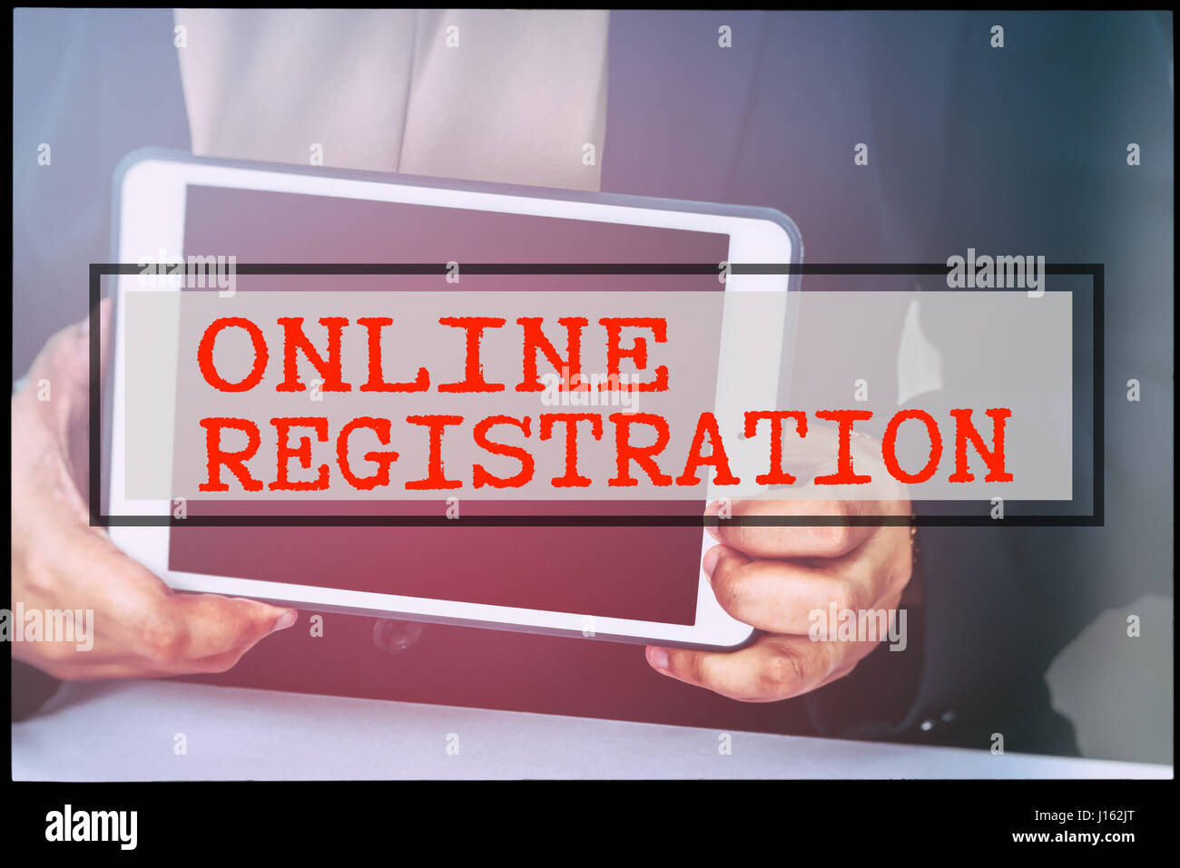 Hand and text ONLINE REGISTRATION with vintage background. Technology ...