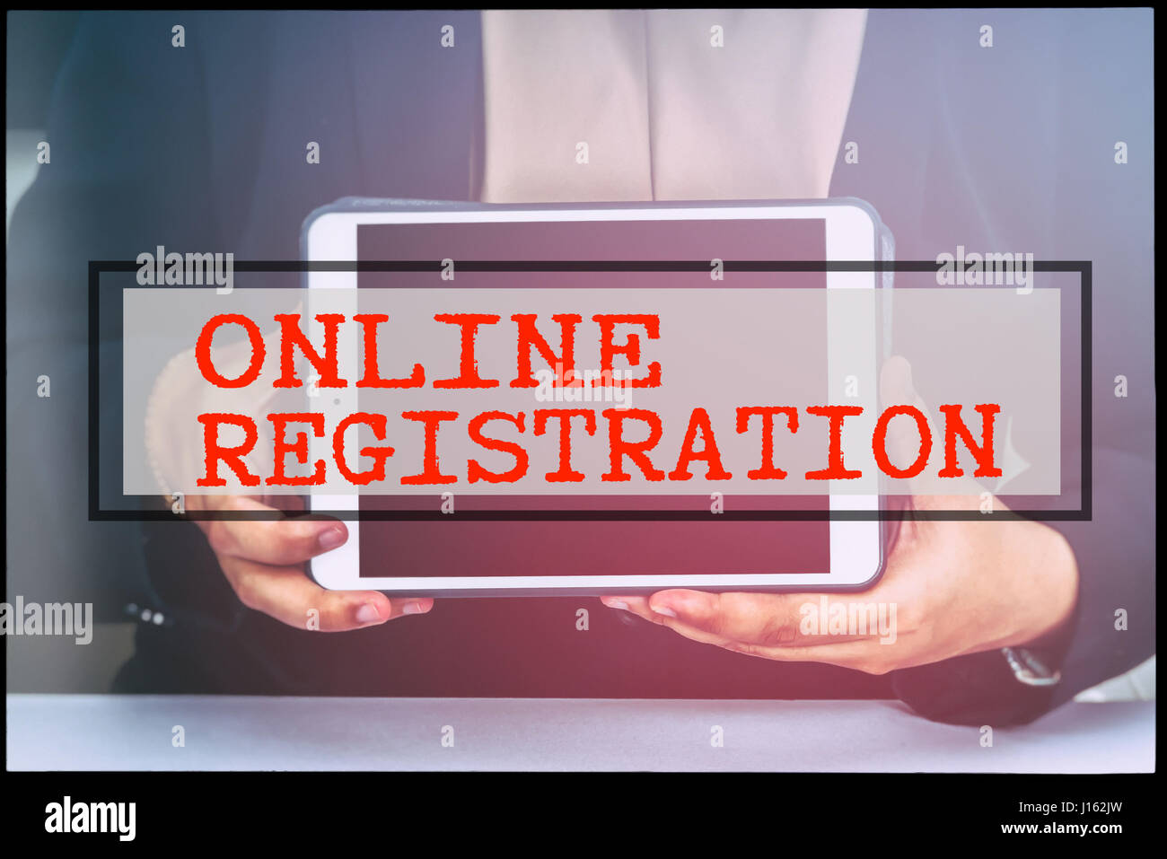 Hand and text ONLINE REGISTRATION with vintage background. Technology ...